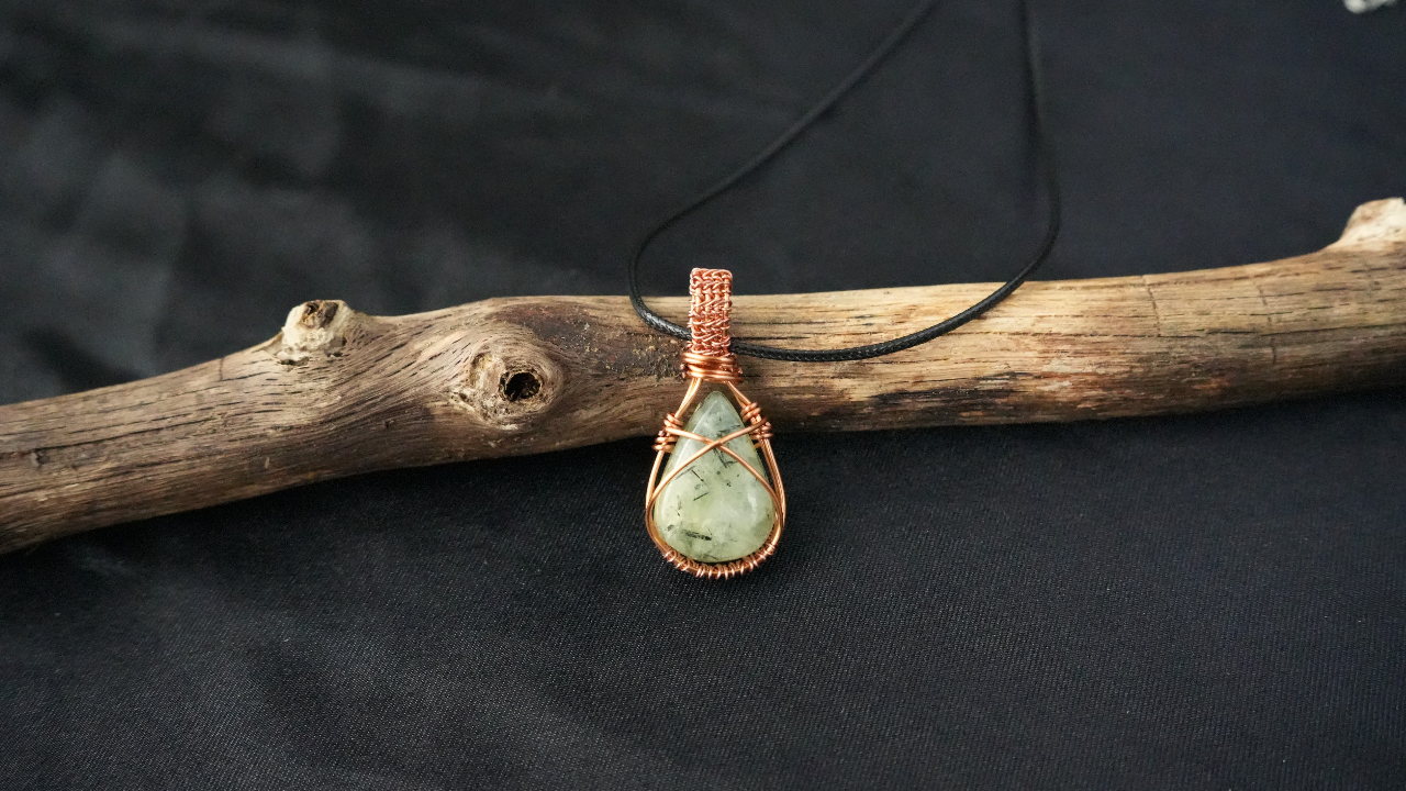 Copper Wire Wrapped Prehnite Pendant