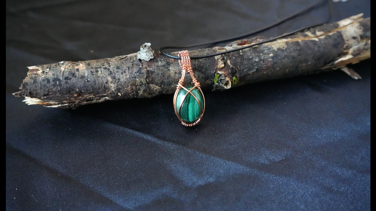 Copper Wire-wrapped Malachite Pendant Necklace L - 1.85 IN W - .75 IN