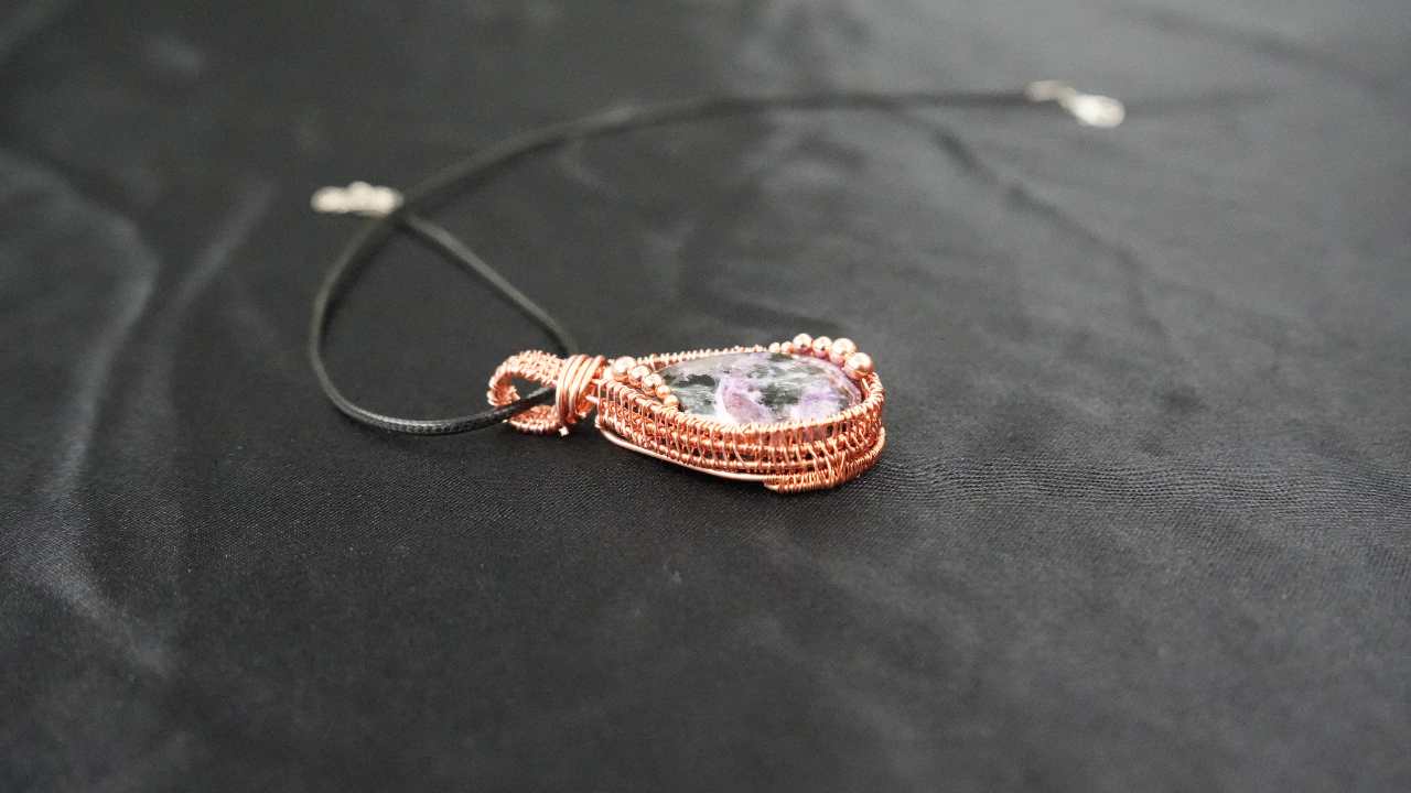 Copper Wire-wrapped Natural Purple Charoite Black Aegirine Pendant Genuine Gemstone 