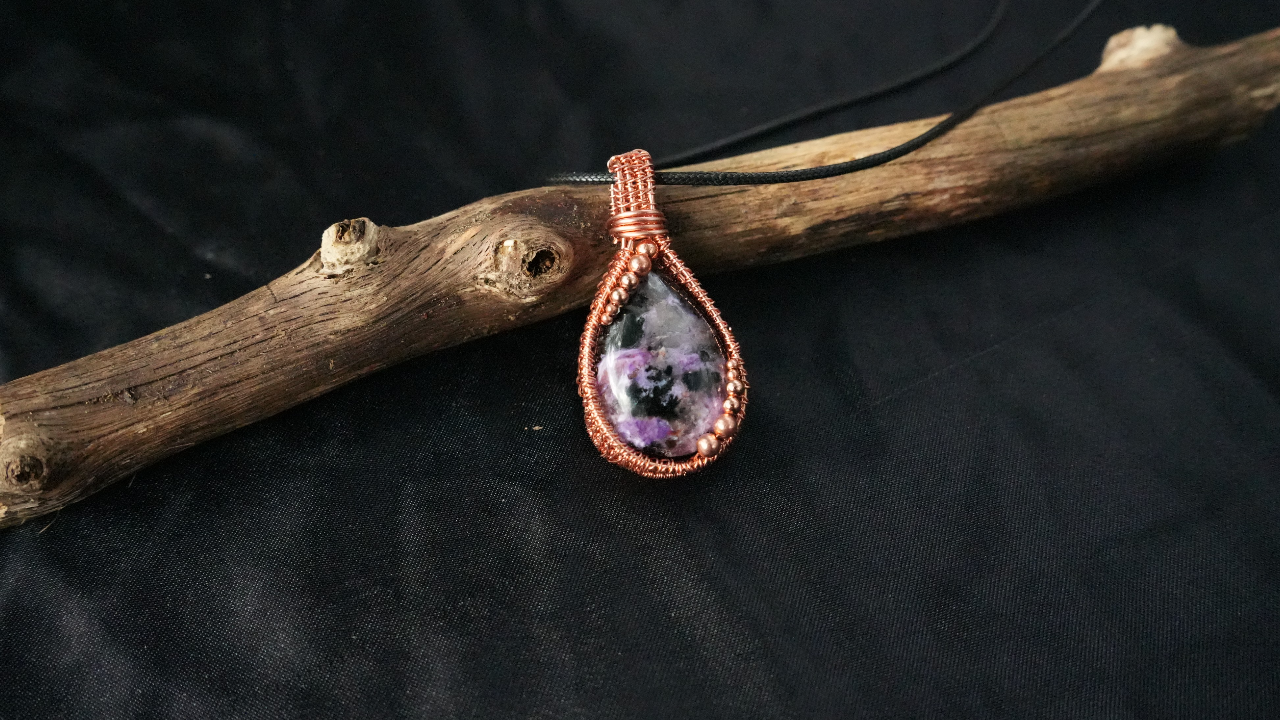 Copper Wire-wrapped Natural Purple Charoite Black Aegirine Pendant Genuine Gemstone