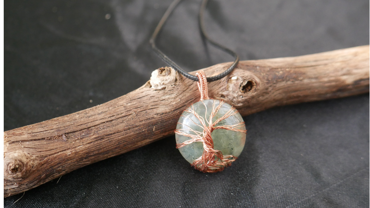 Copper wire wrapped prehnite gemstone tree of life pendant