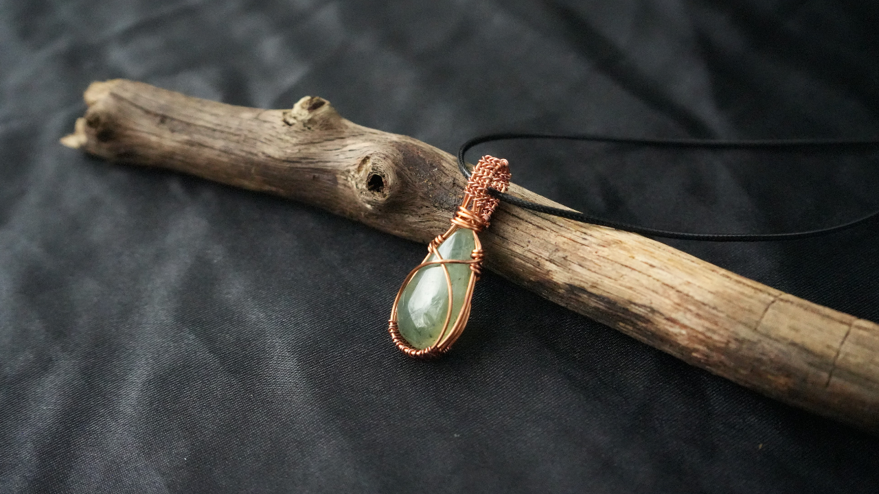 Copper Wire-Wrapped Prehnite Stone Pendant Necklace