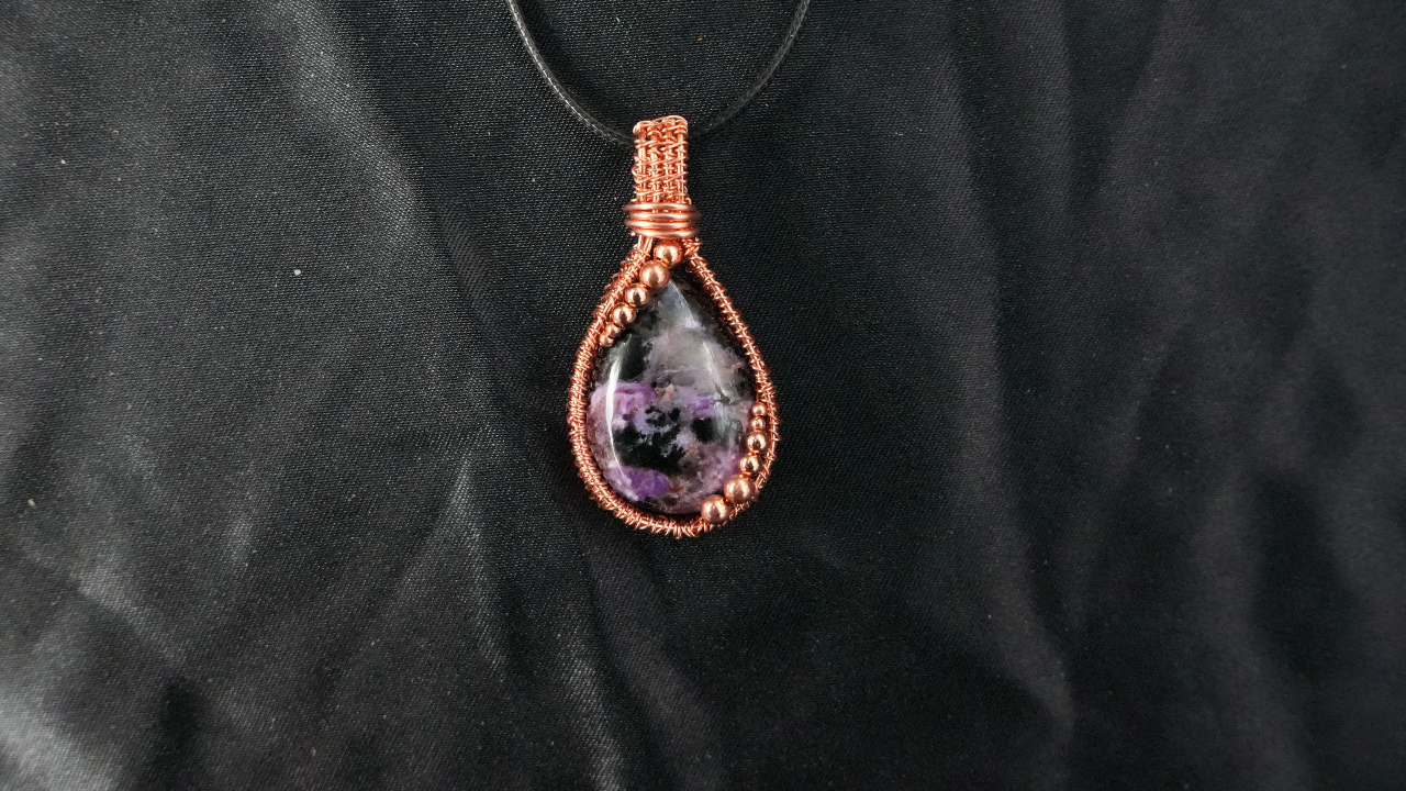 Copper Wire-wrapped Natural Purple Charoite Black Aegirine Pendant Genuine Gemstone 