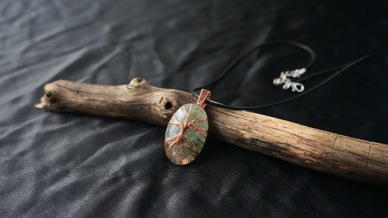 Copper wire wrapped prehnite gemstone tree of life pendant