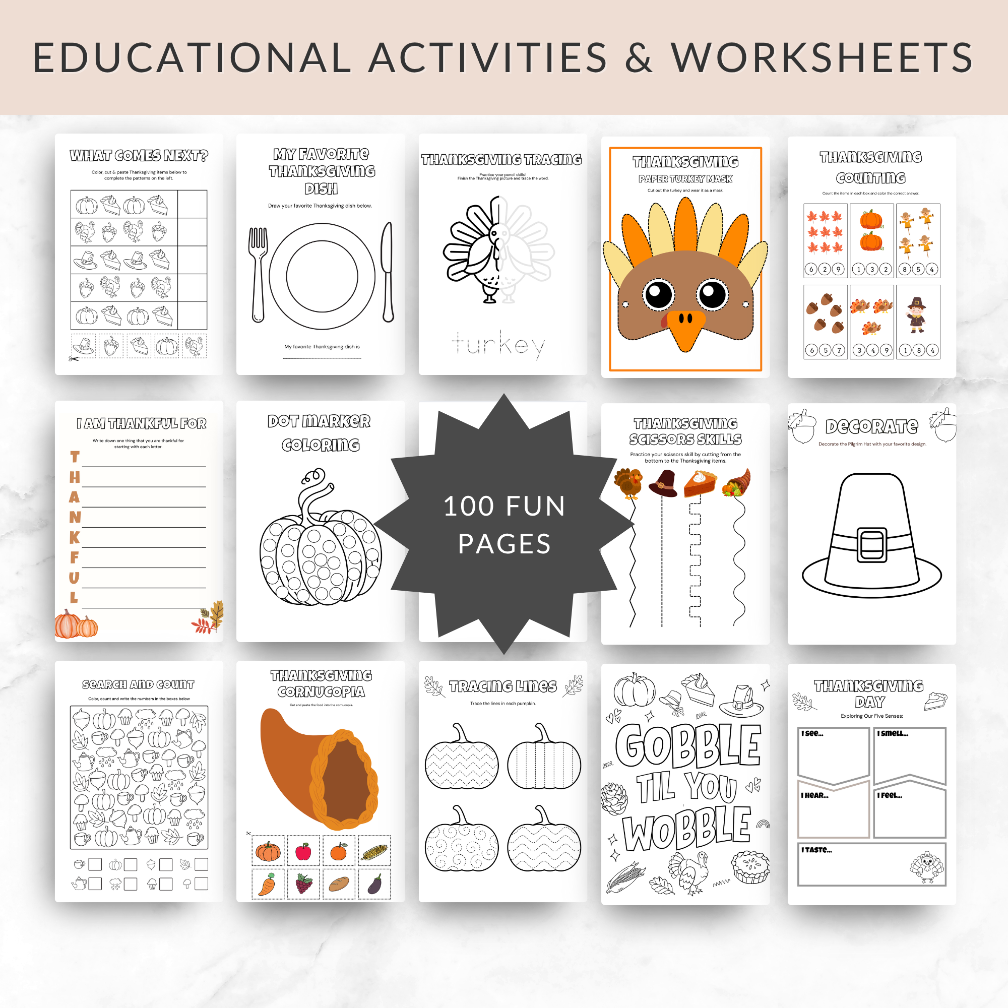 Thanksgiving Worksheets for Kids | Printable Learning Pack with PLR MRR