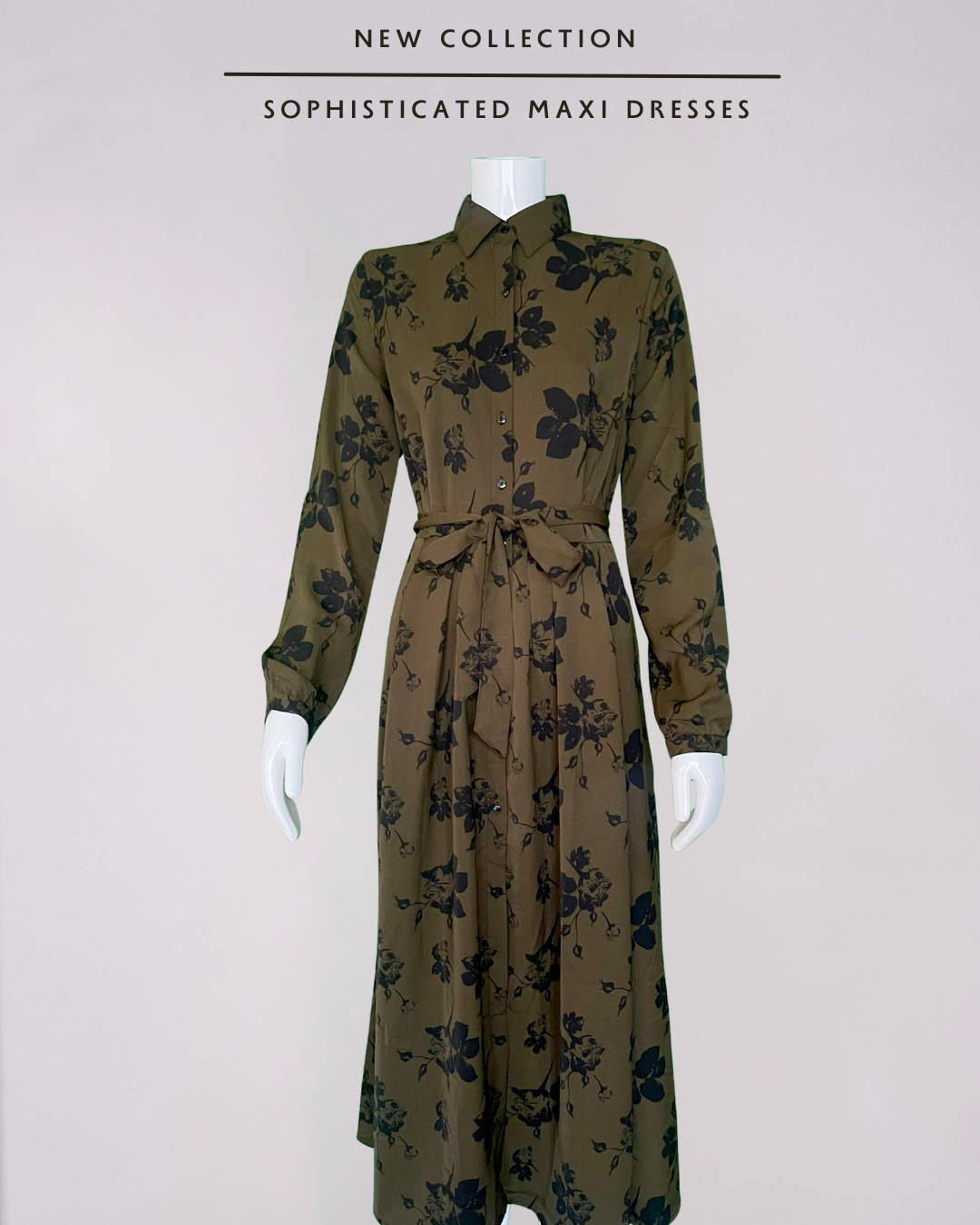 Khaki Floral Print Maxi Shirt Dress