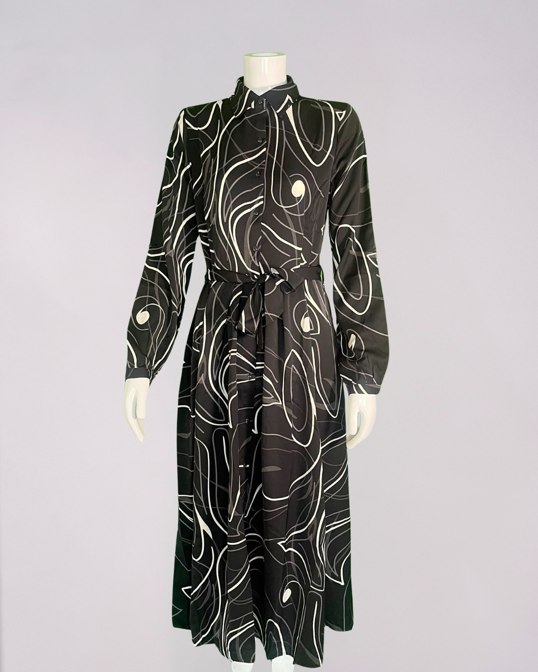 Black and Ivory Print Maxi Shirt Dress