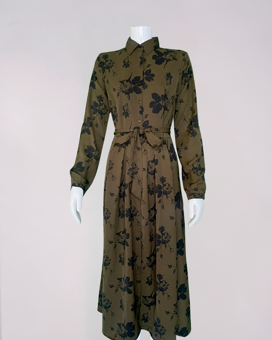 Khaki Floral Print Maxi Shirt Dress