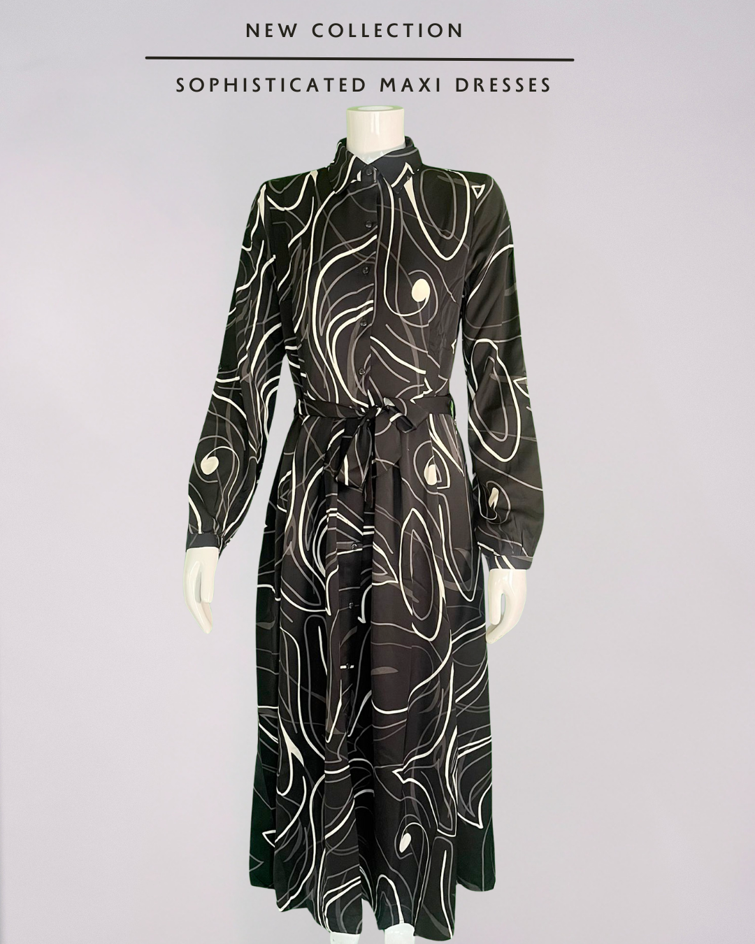 Black and Ivory Print Maxi Shirt Dress