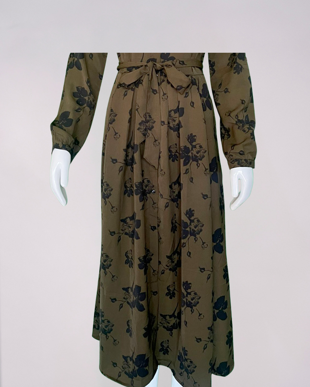 Khaki Floral Print Maxi Shirt Dress