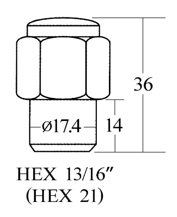 Closed End Mag Shank Lug Nut - 21HEX, 36L