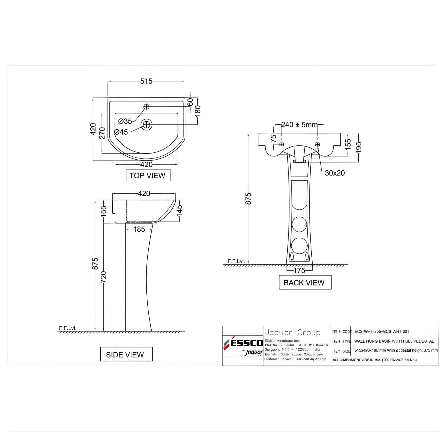 Essco Wall Hung Basin With Full Pedestal 