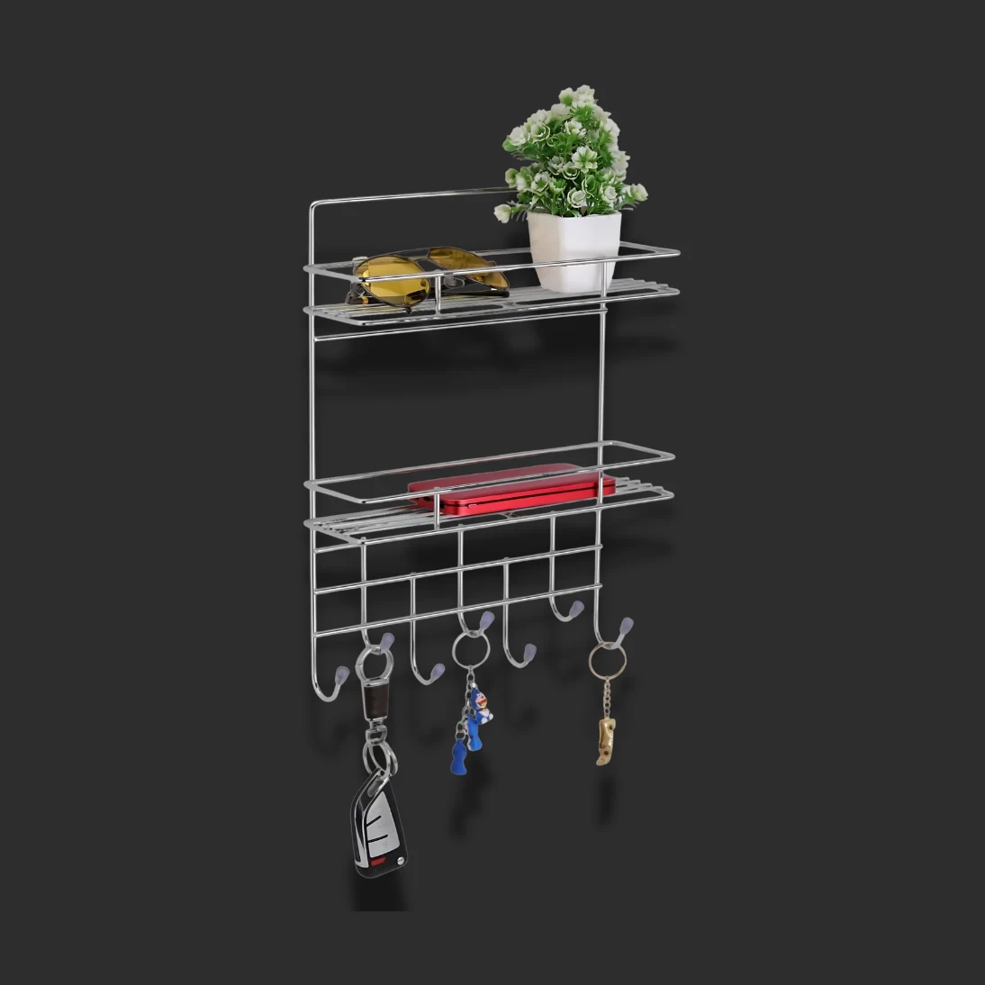 Stainless Steel Key Holder with Dual Shelf - Luxur Studio Kitchen & Bathroom Fittings