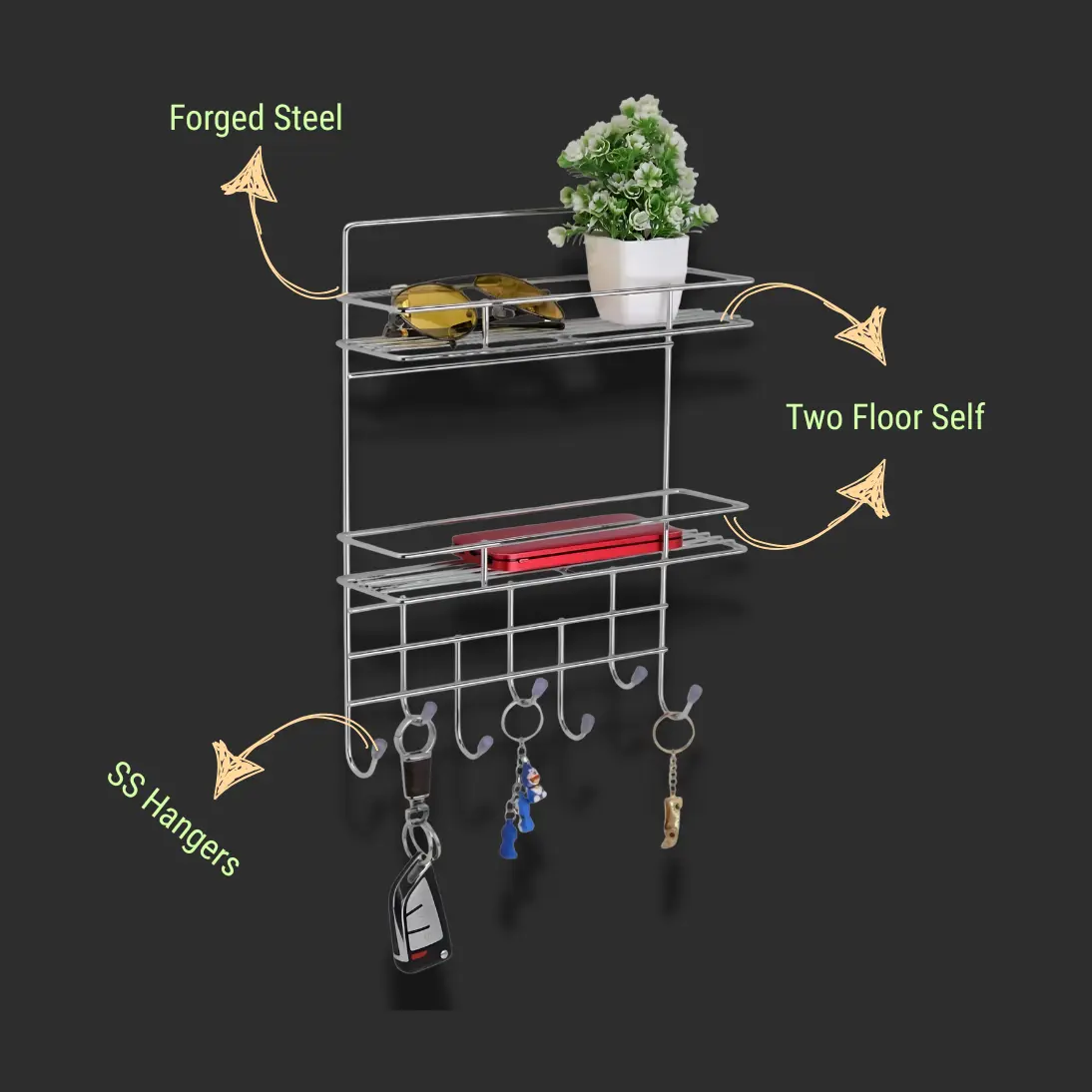 Stainless Steel Key Holder with Dual Shelf - Luxur Studio Kitchen & Bathroom Fittings