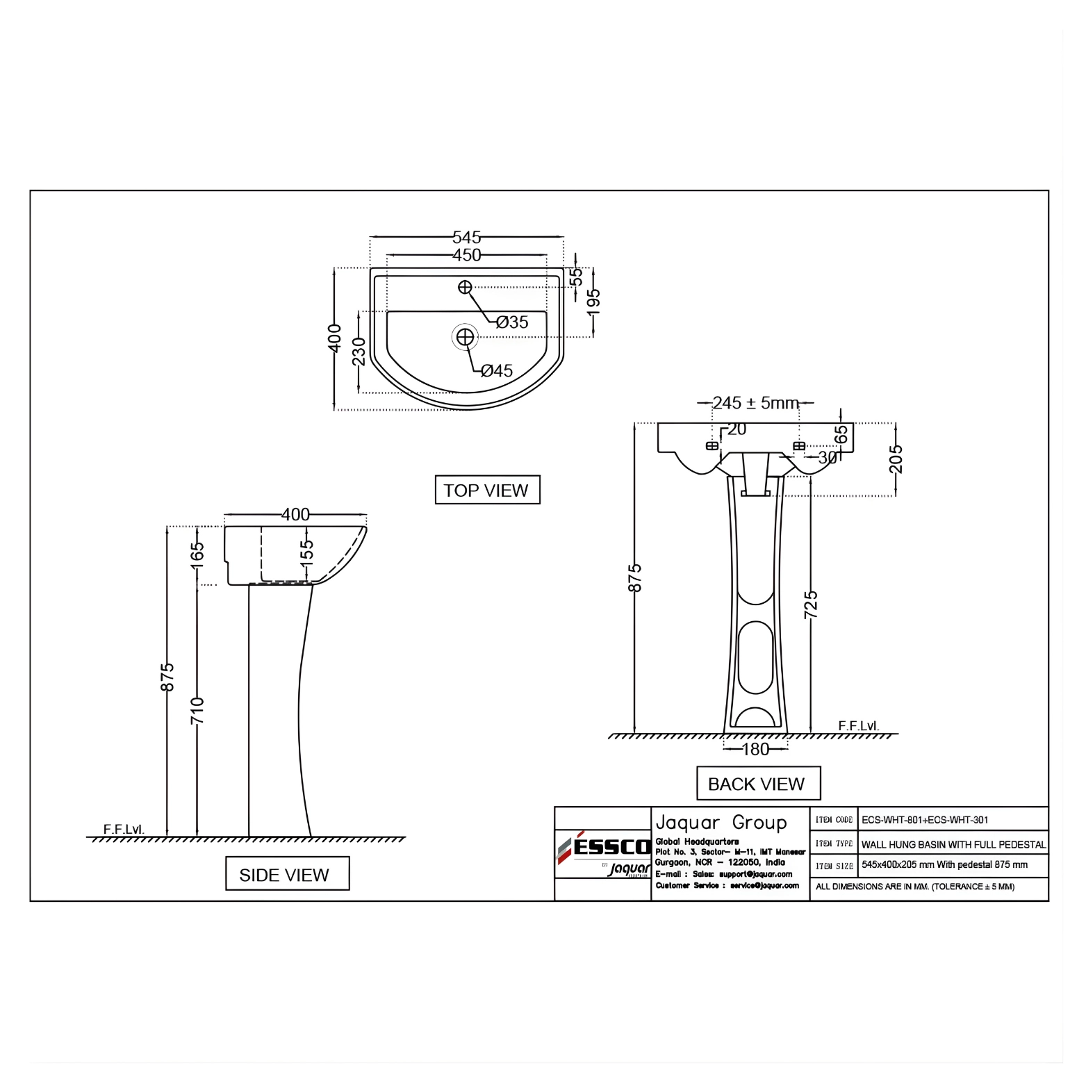 Essco Wall Hung Basin With Full Pedestal 