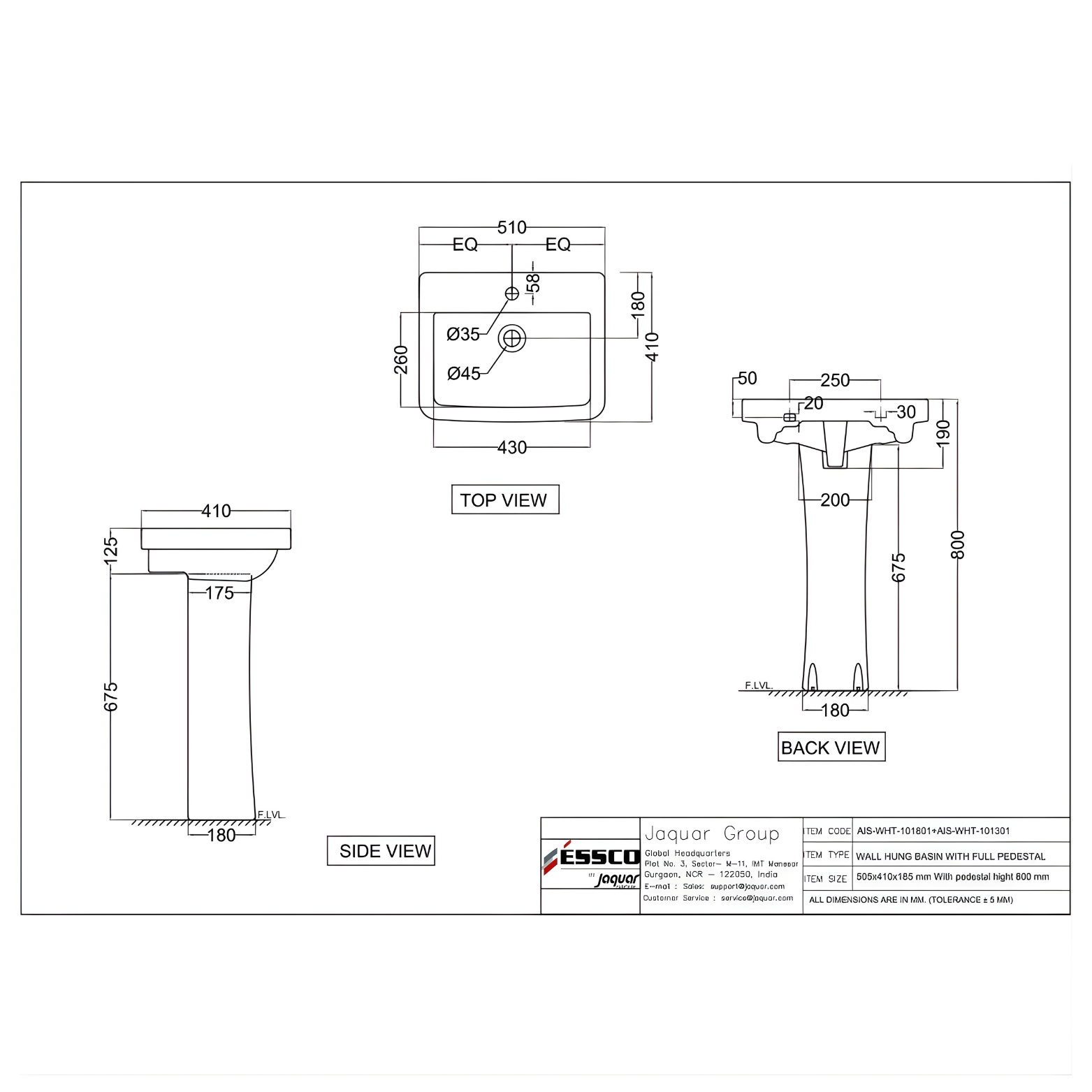 Essco Wall Hung Basin With Full Pedestal 