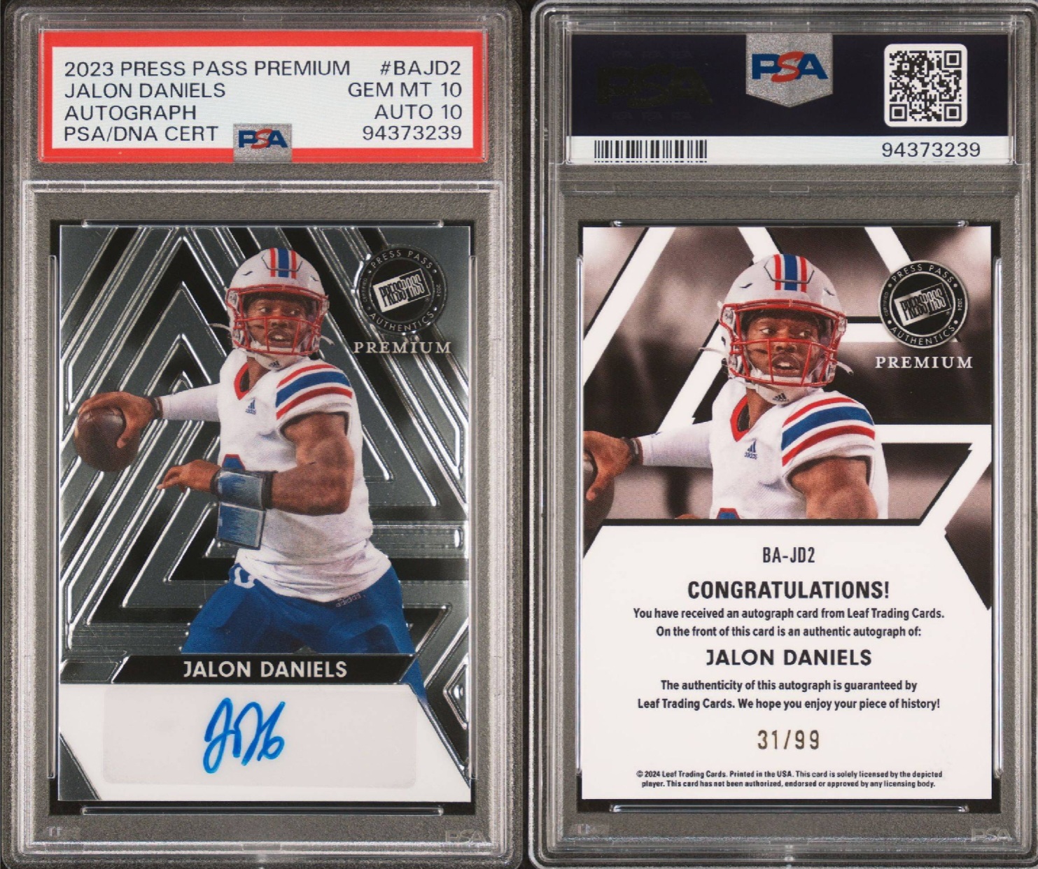 2023 Leaf Jalon Daniels Press Pass Premium Auto /99 PSA 10