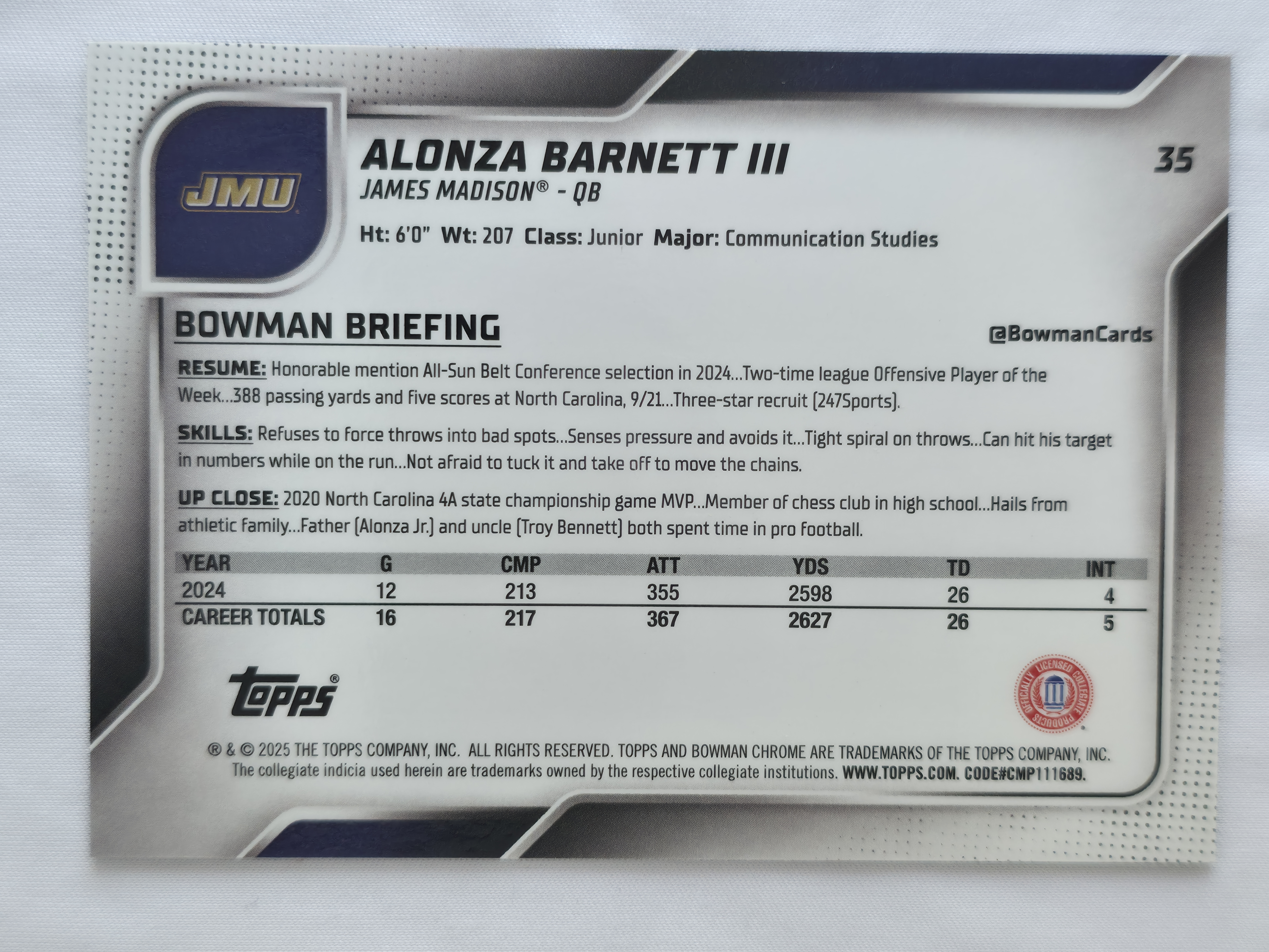 2025 Bowman U Chrome Alonza Barnett III Blue Mini Diamond Refractor 88/150