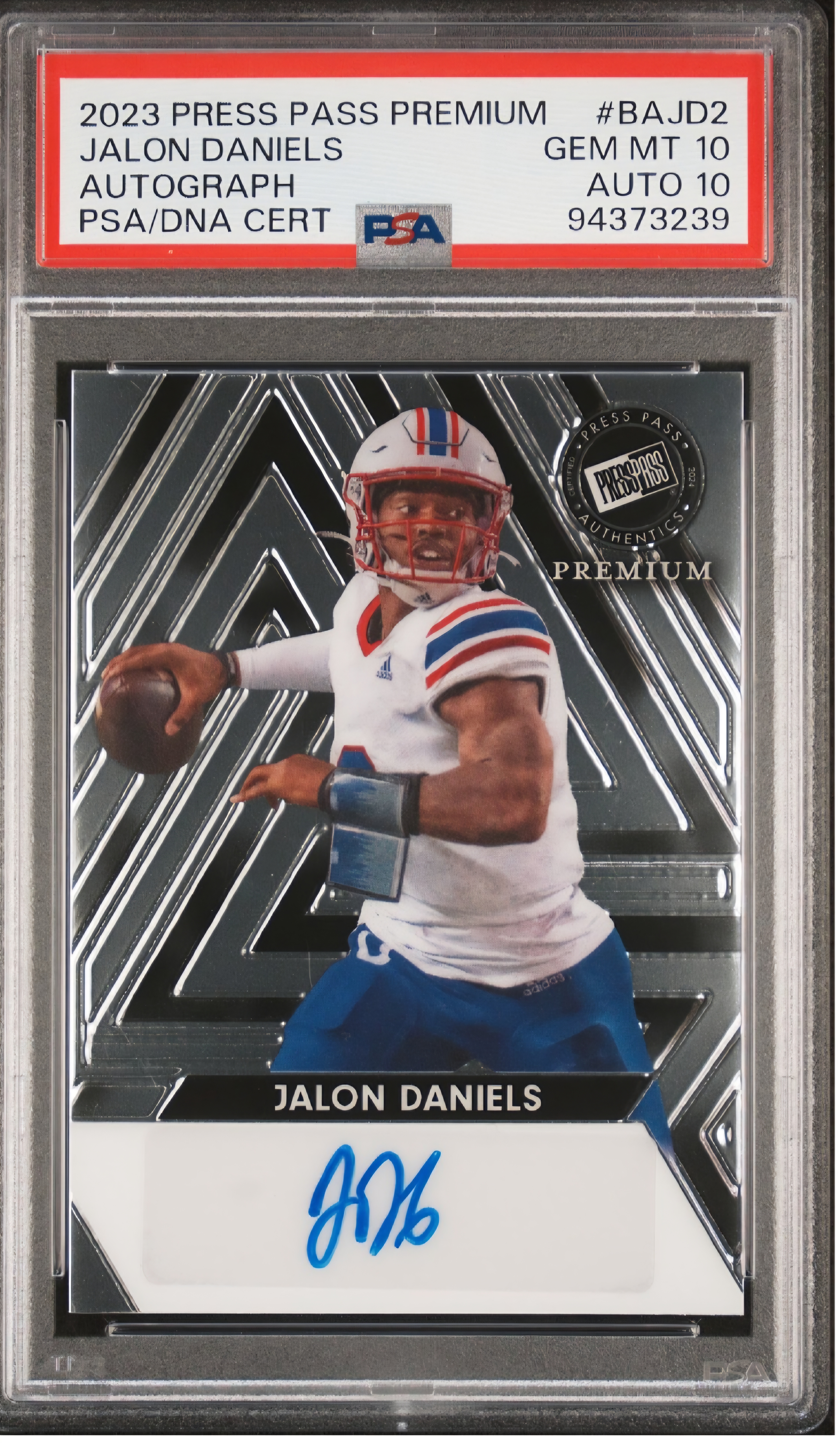 2023 Leaf Jalon Daniels Press Pass Premium Auto /99 PSA 10