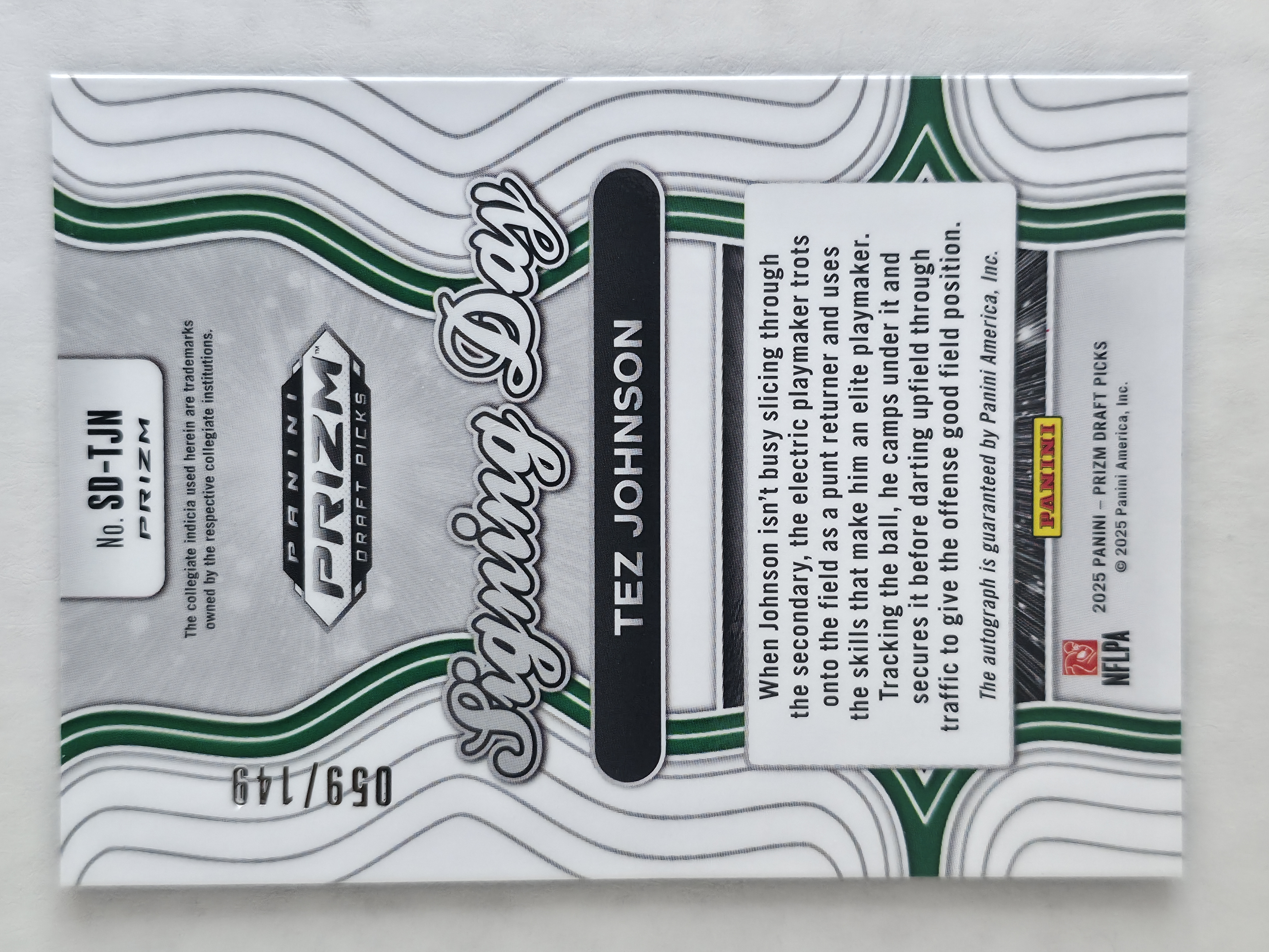 2025 Prizm Draft Picks Tez Johnson Signing Day Blue Ice Autograph 59/149