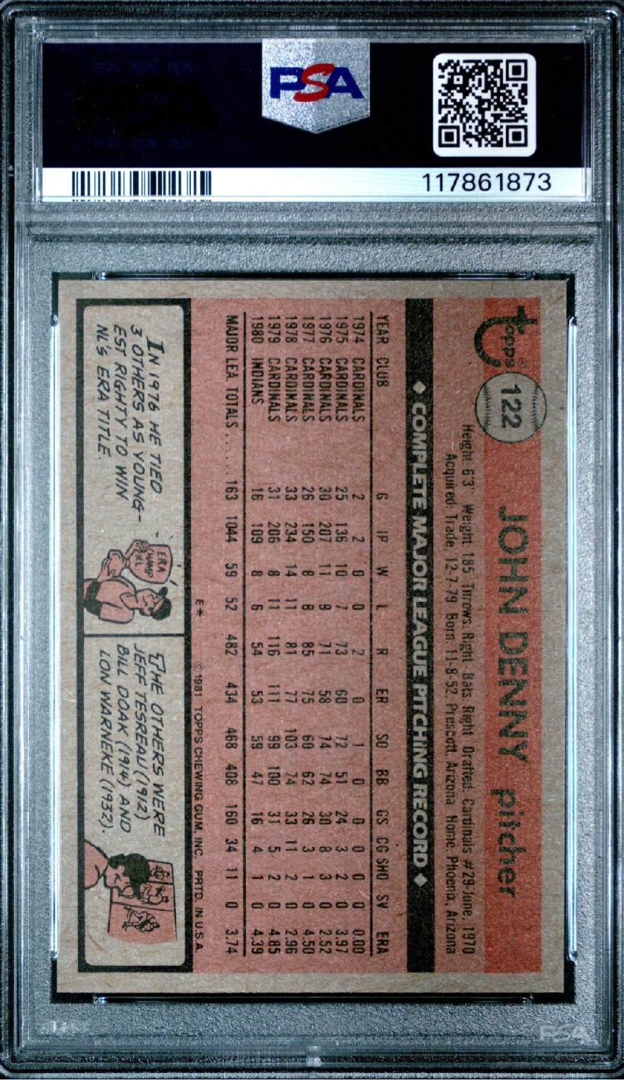 1981 Topps John Denny PSA 9