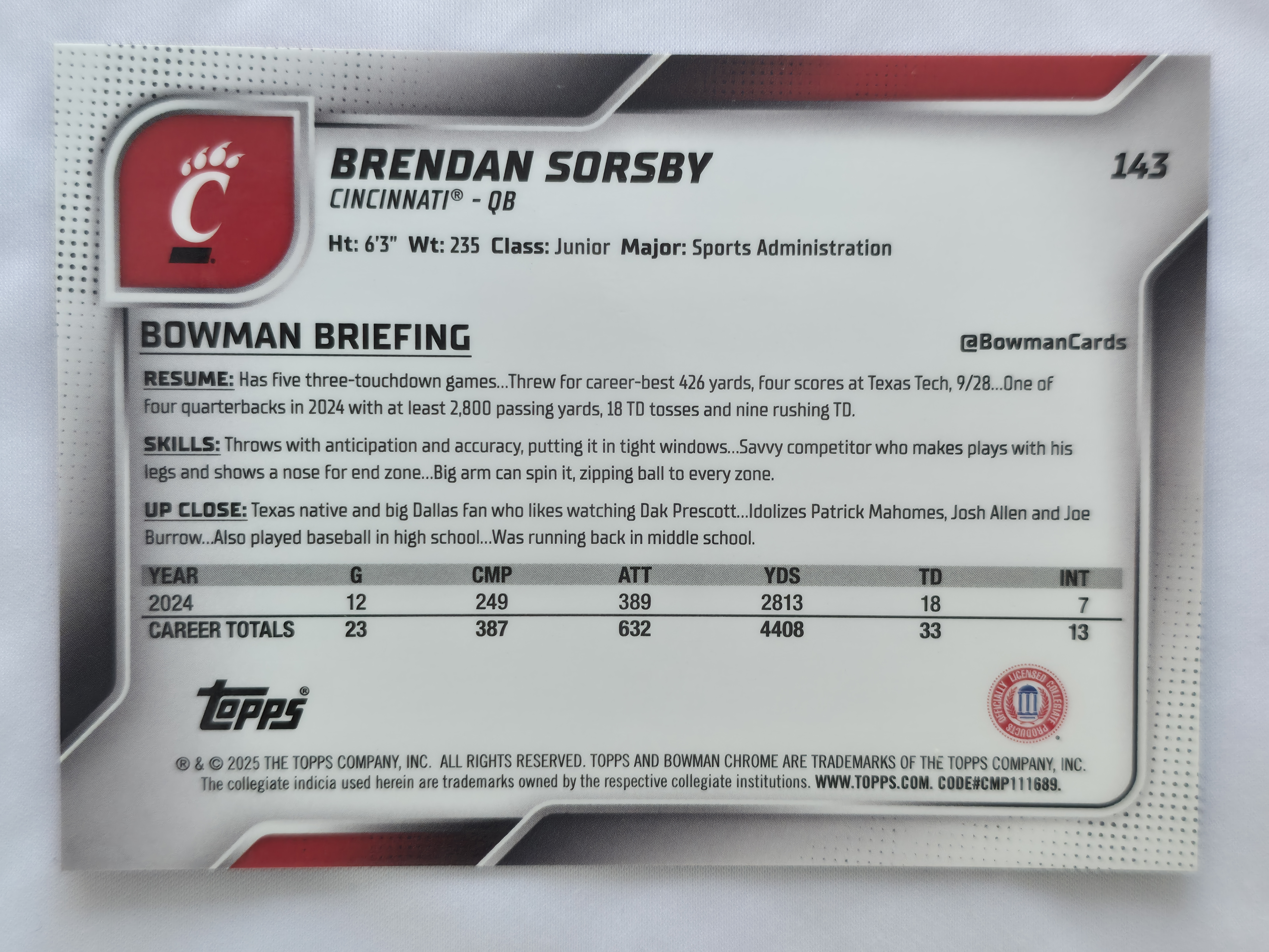 2025 Bowman U Chrome Brendan Sorsby Fuchsia Refractor 186/225