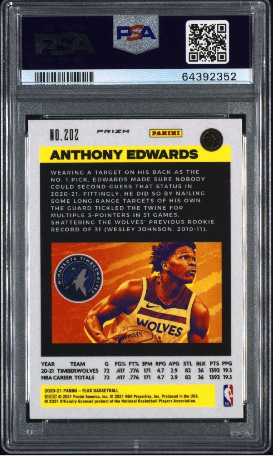 2020-21 Panini Flux Anthony Edwards SUNRISE RC SSP PSA 10 Rare Case Hit Gem Mint