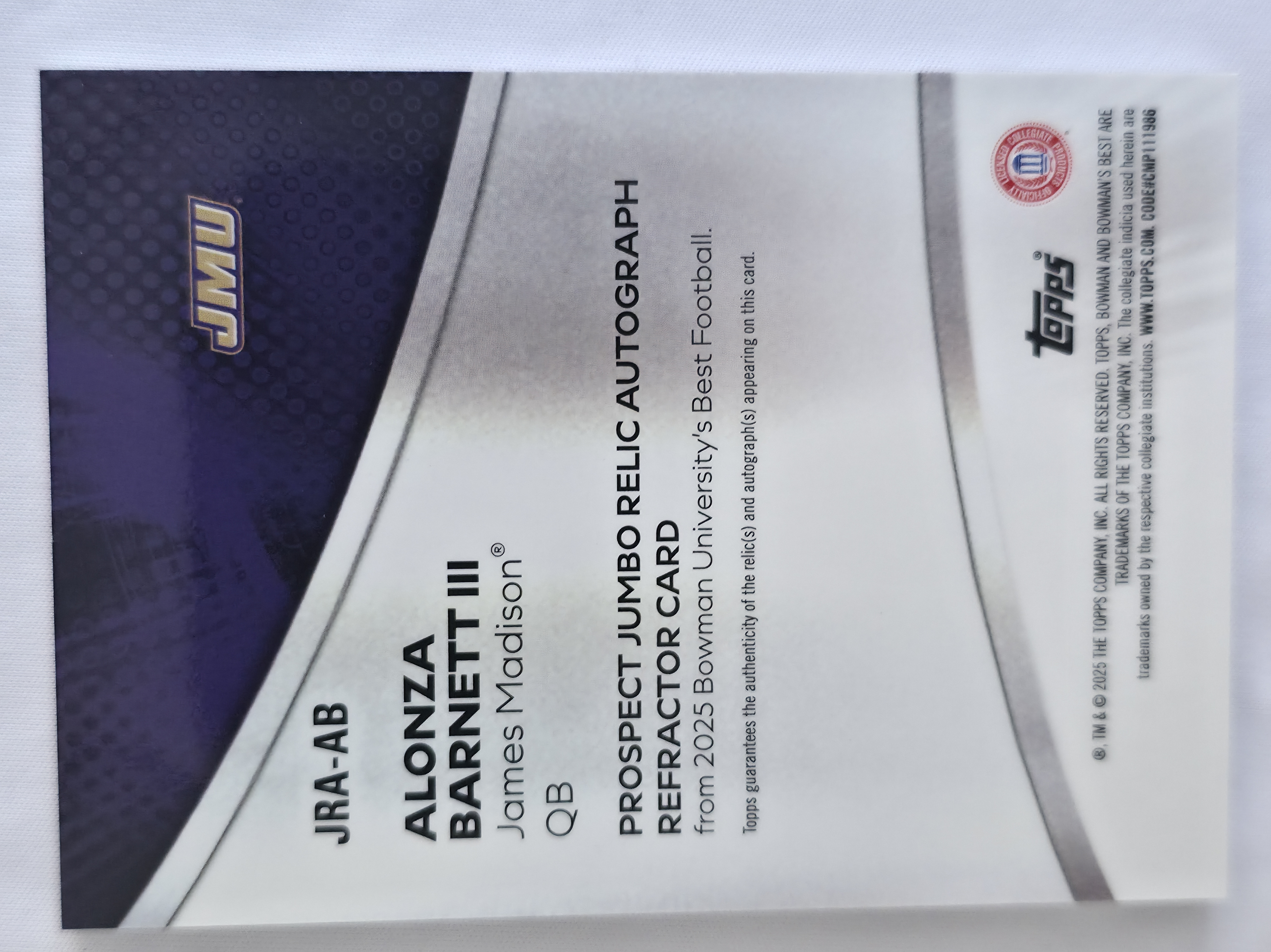 2025 Bowman U Best Alonza Barnett III Game Used Patch Autograph 