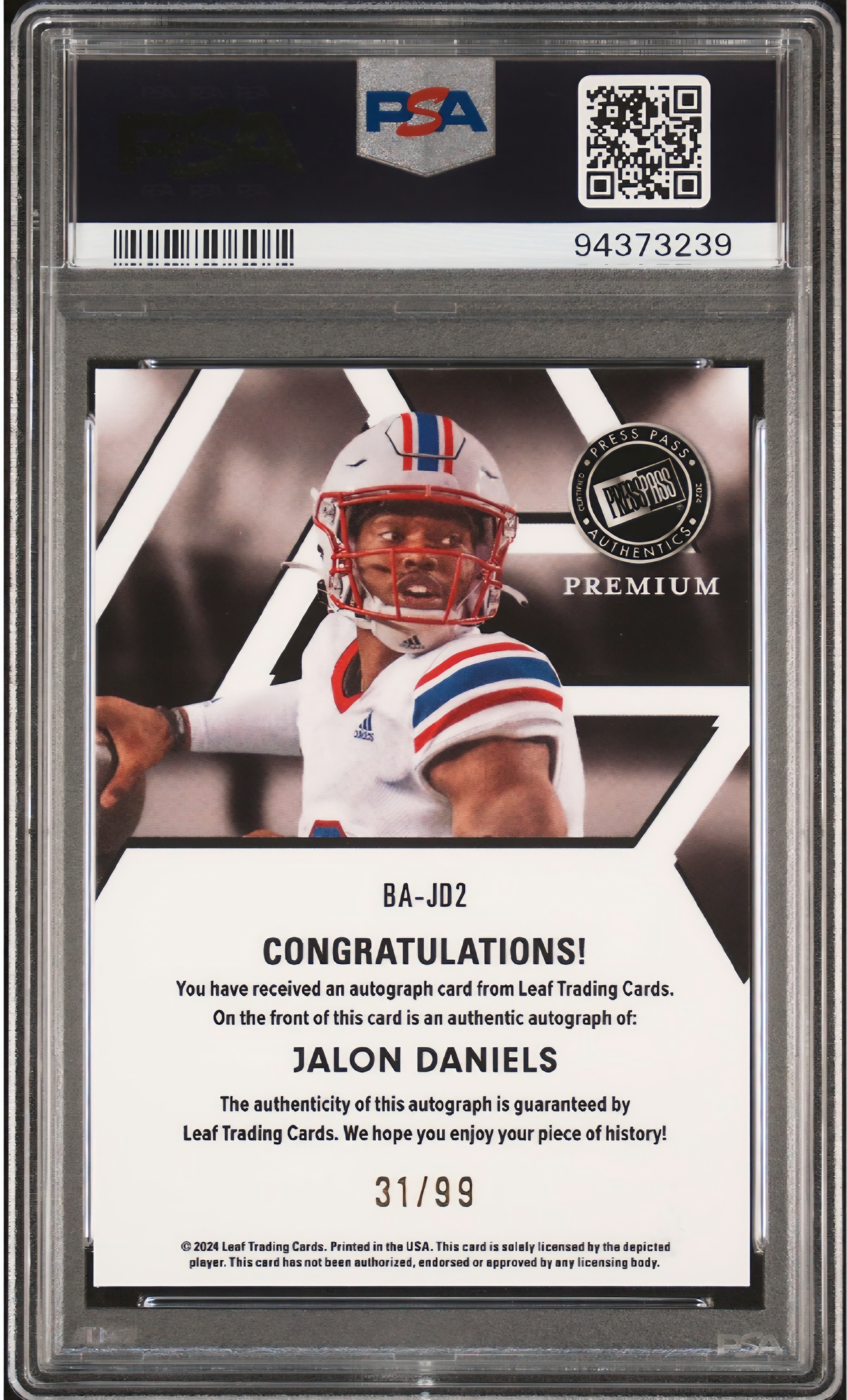 2023 Leaf Jalon Daniels Press Pass Premium Auto /99 PSA 10