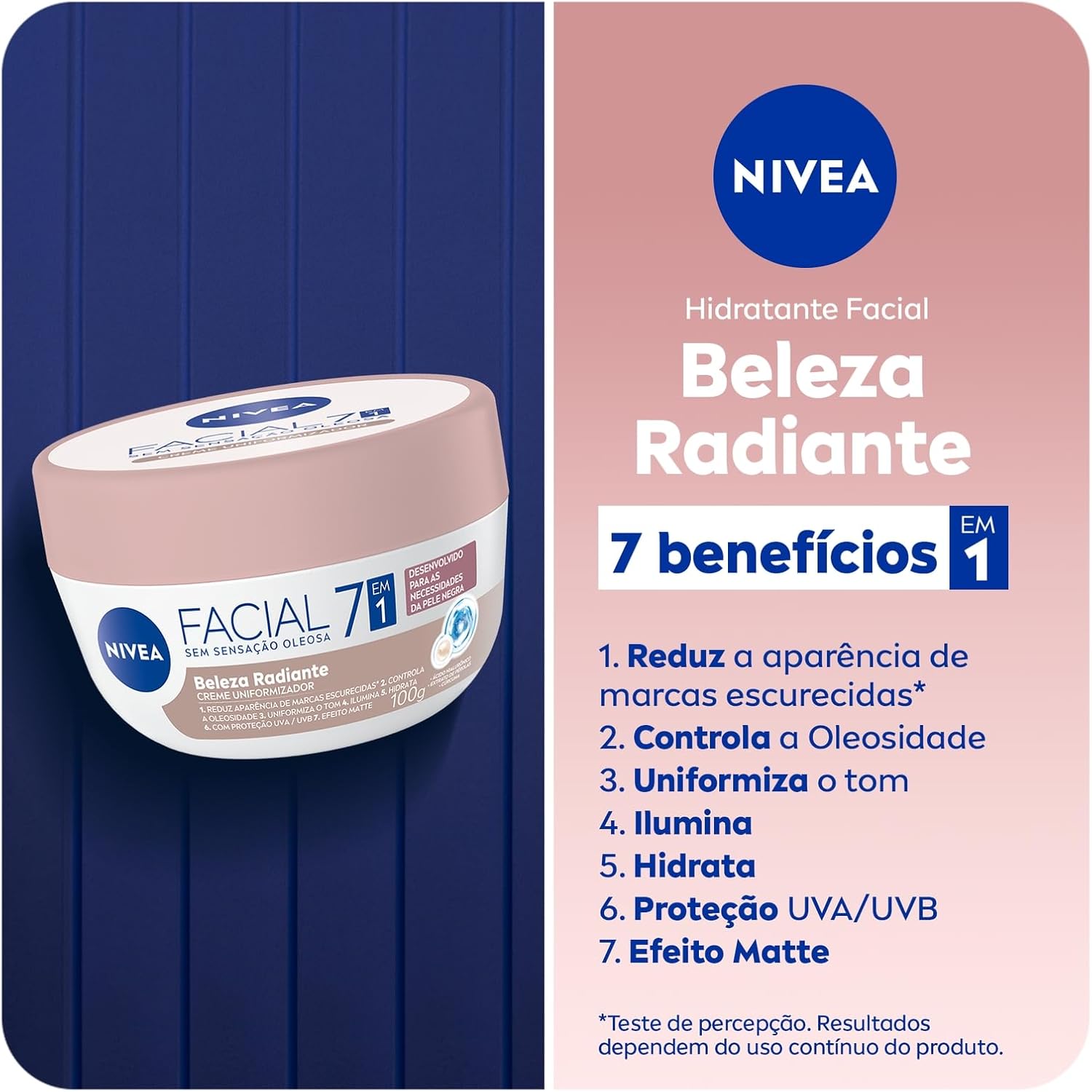 NIVEA Hidratante Facial Beleza Radiante 7 em 1 100g - 7 benefícios em 1 potinho: reduz marcas escurecidas, controla oleosidade, uniformiza, ilumina, hidrata, proteção UVA/UVB e efeito matte