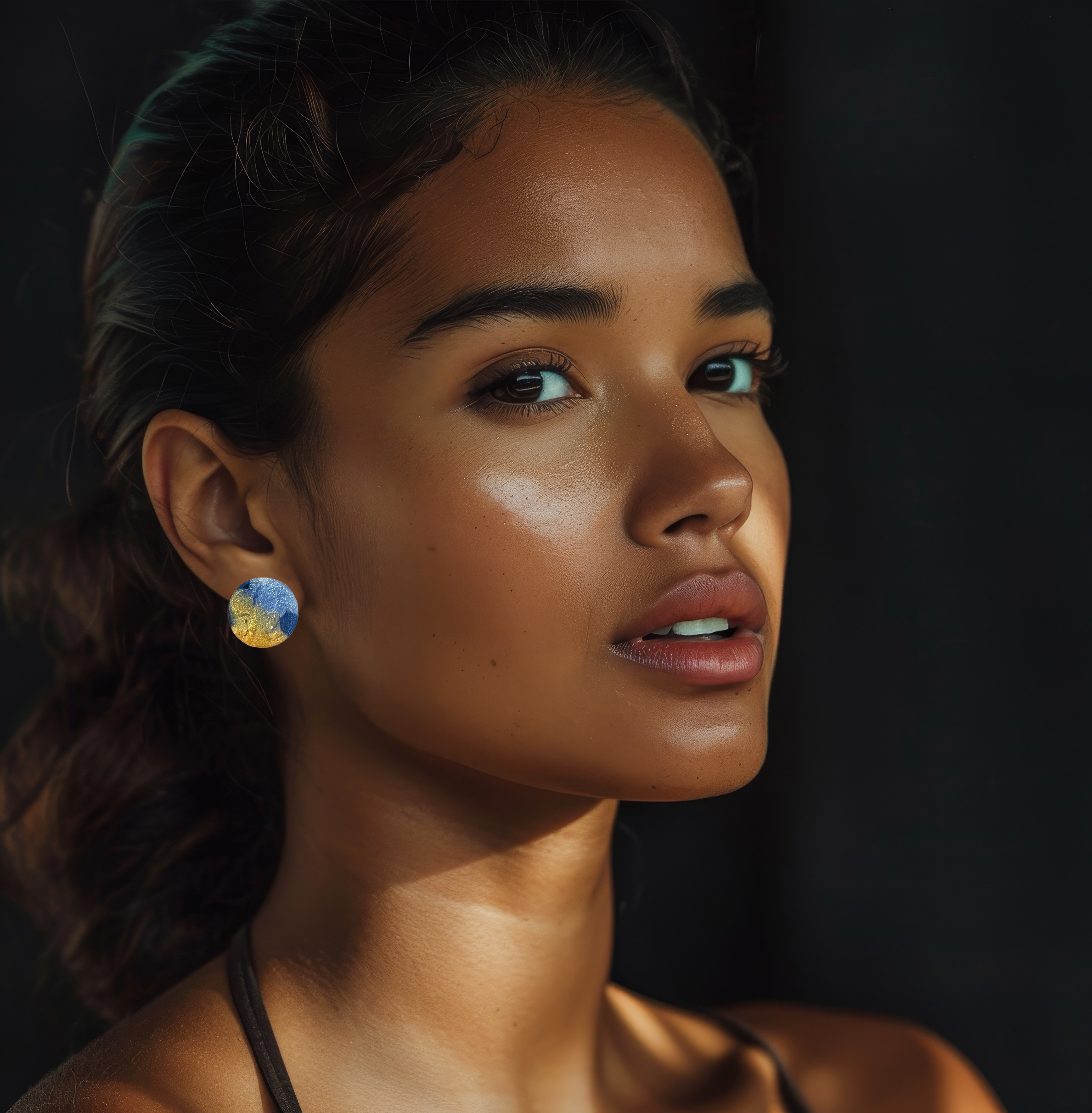 Gold, Blue & White Large Globe Earrings 