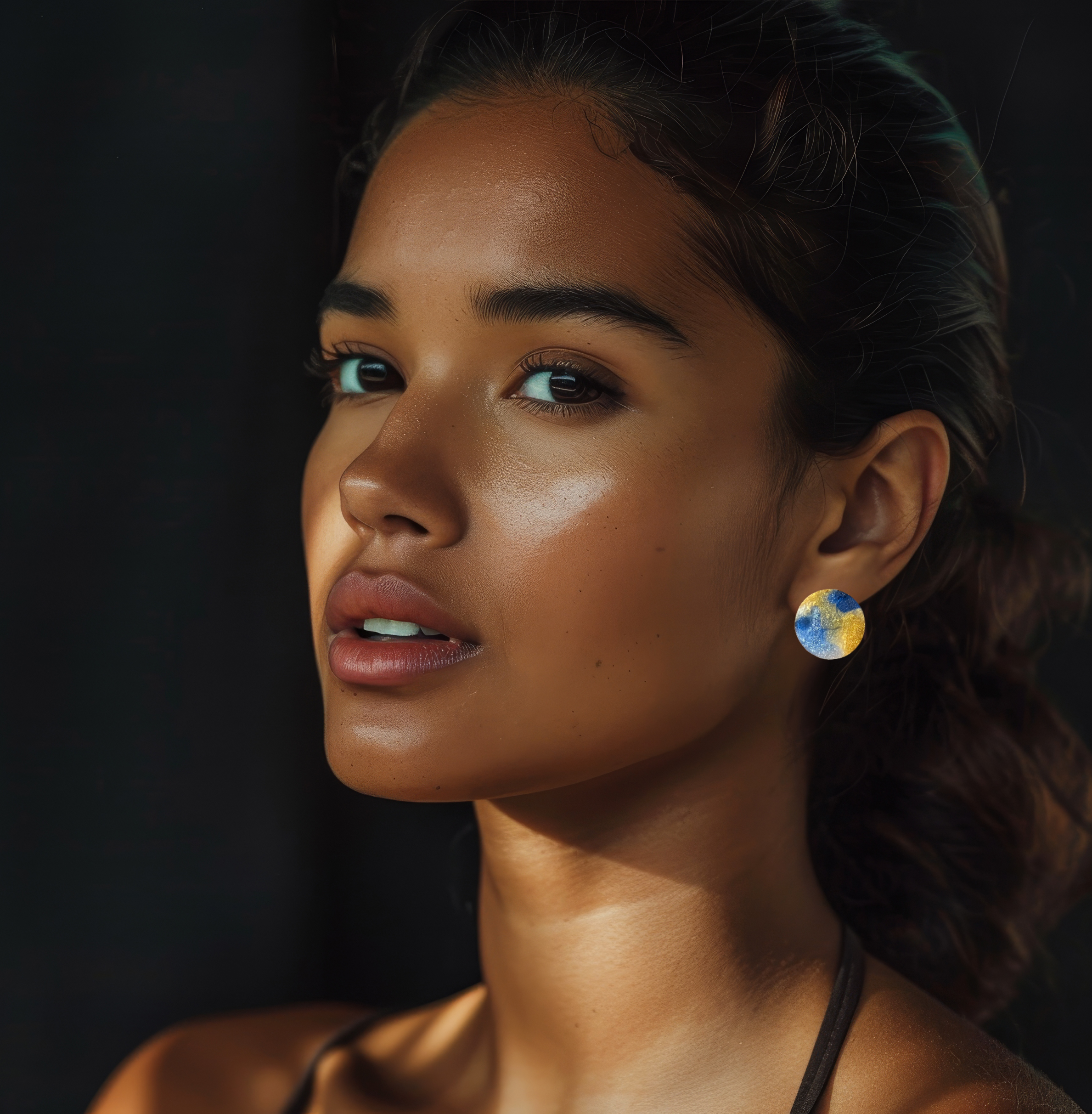 Gold, Blue & White Large Globe Earrings 