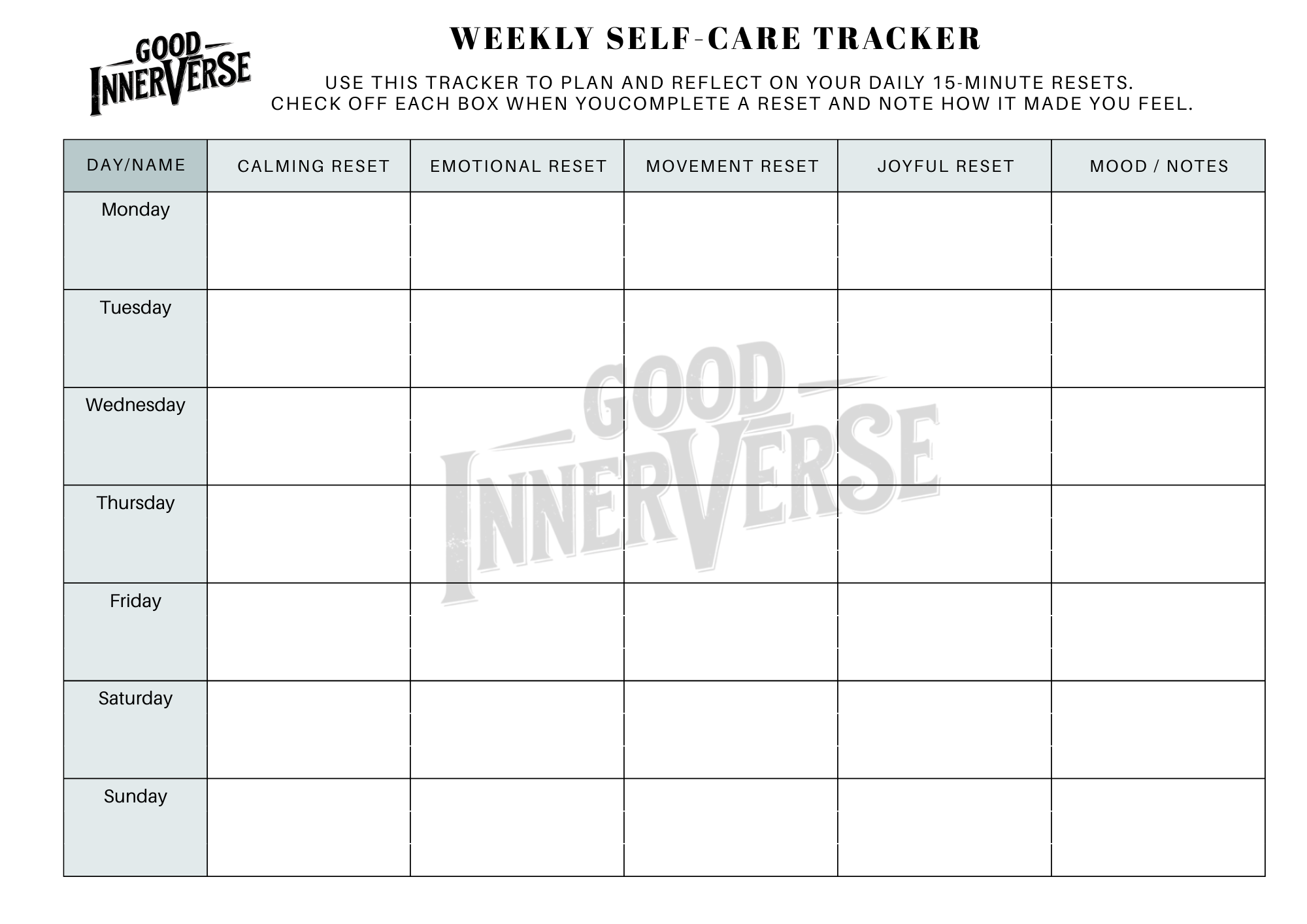 15 minute Self-Care Bundle; EBook - Weekly Tracker - Reset Cards