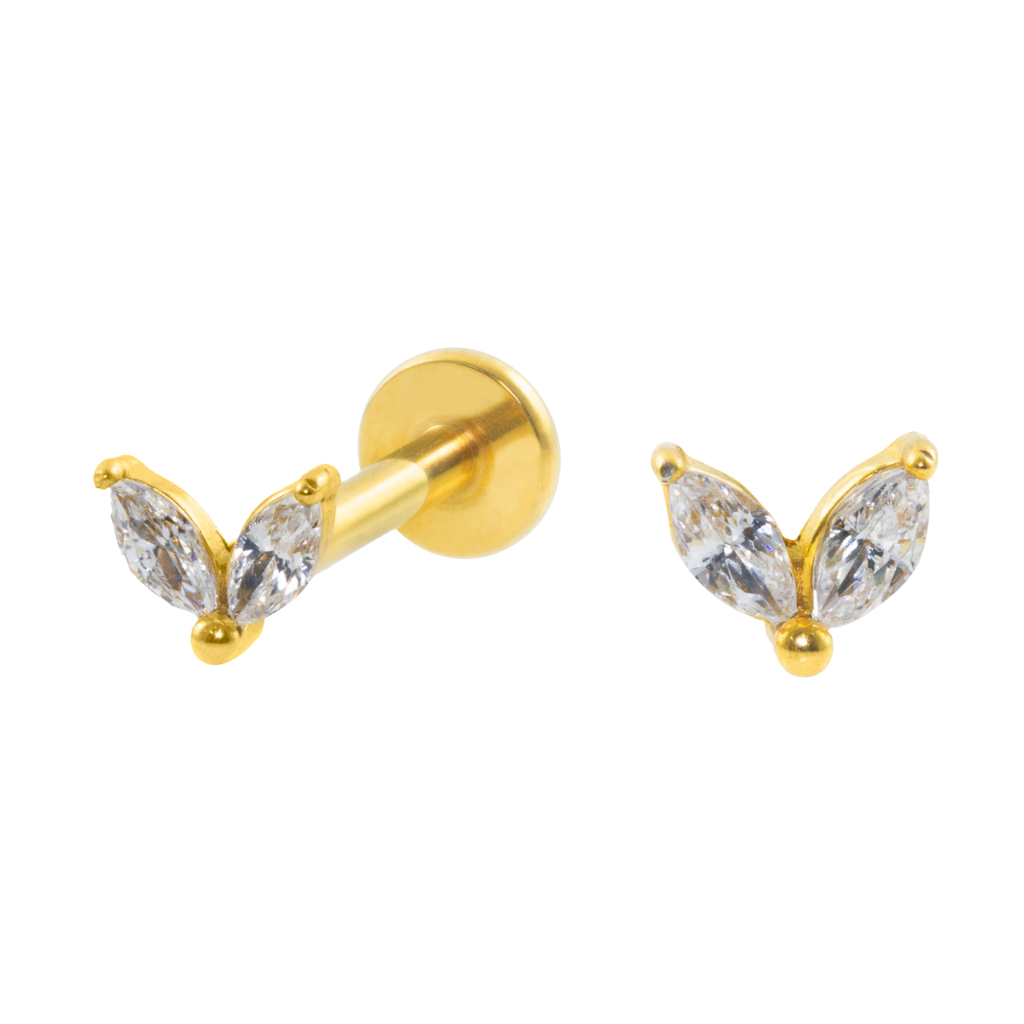 LABRET AÇO PVD GOLD R/I 2 PÉTALAS C/ ZIRCÔNIA