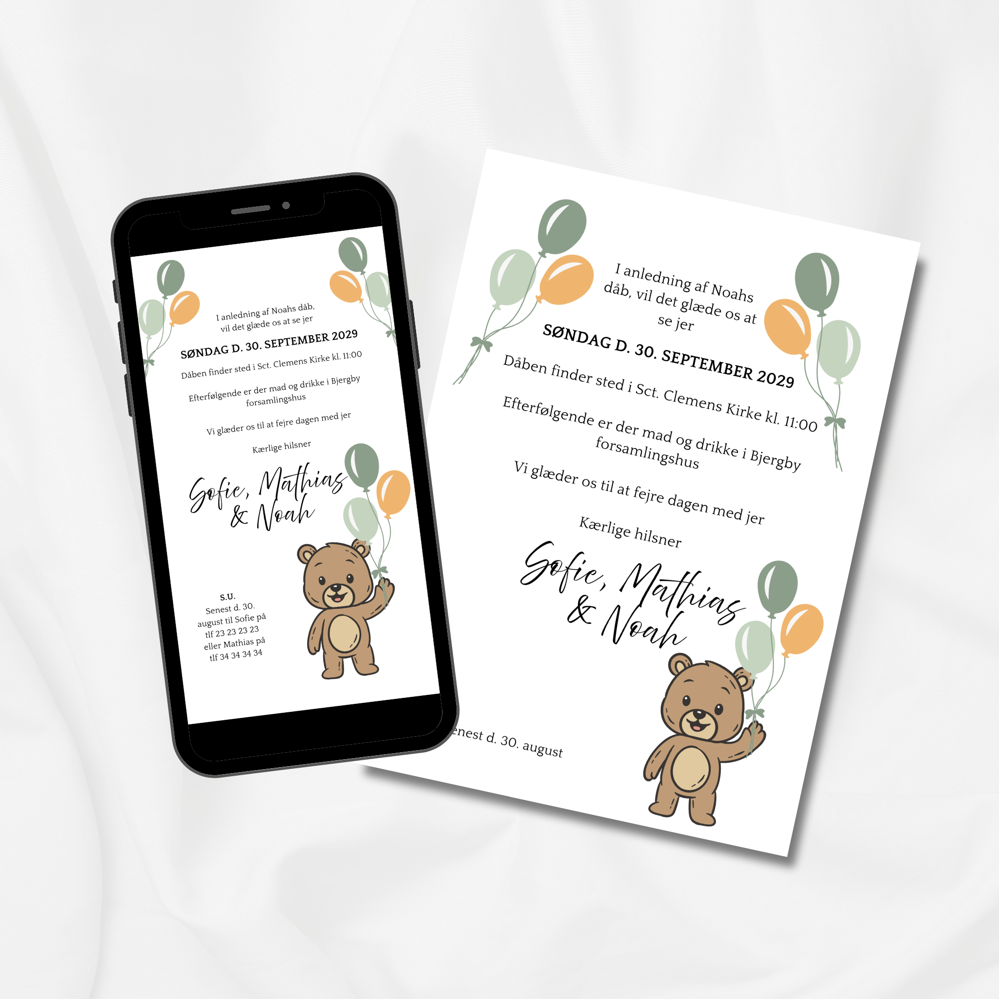 Bamse med grønne balloner - Pakke - Dåb