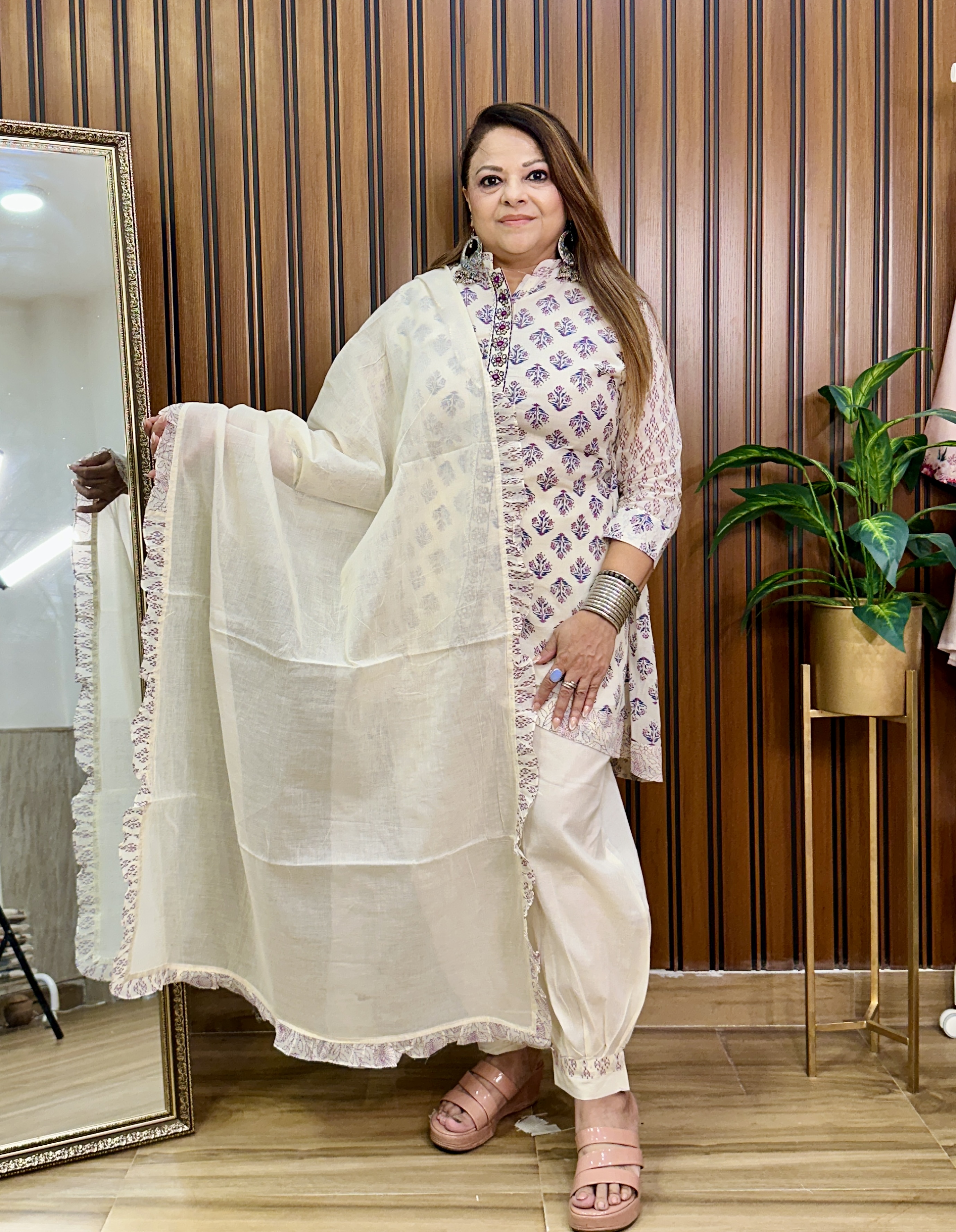 Cream Printed Salwar Suit Set