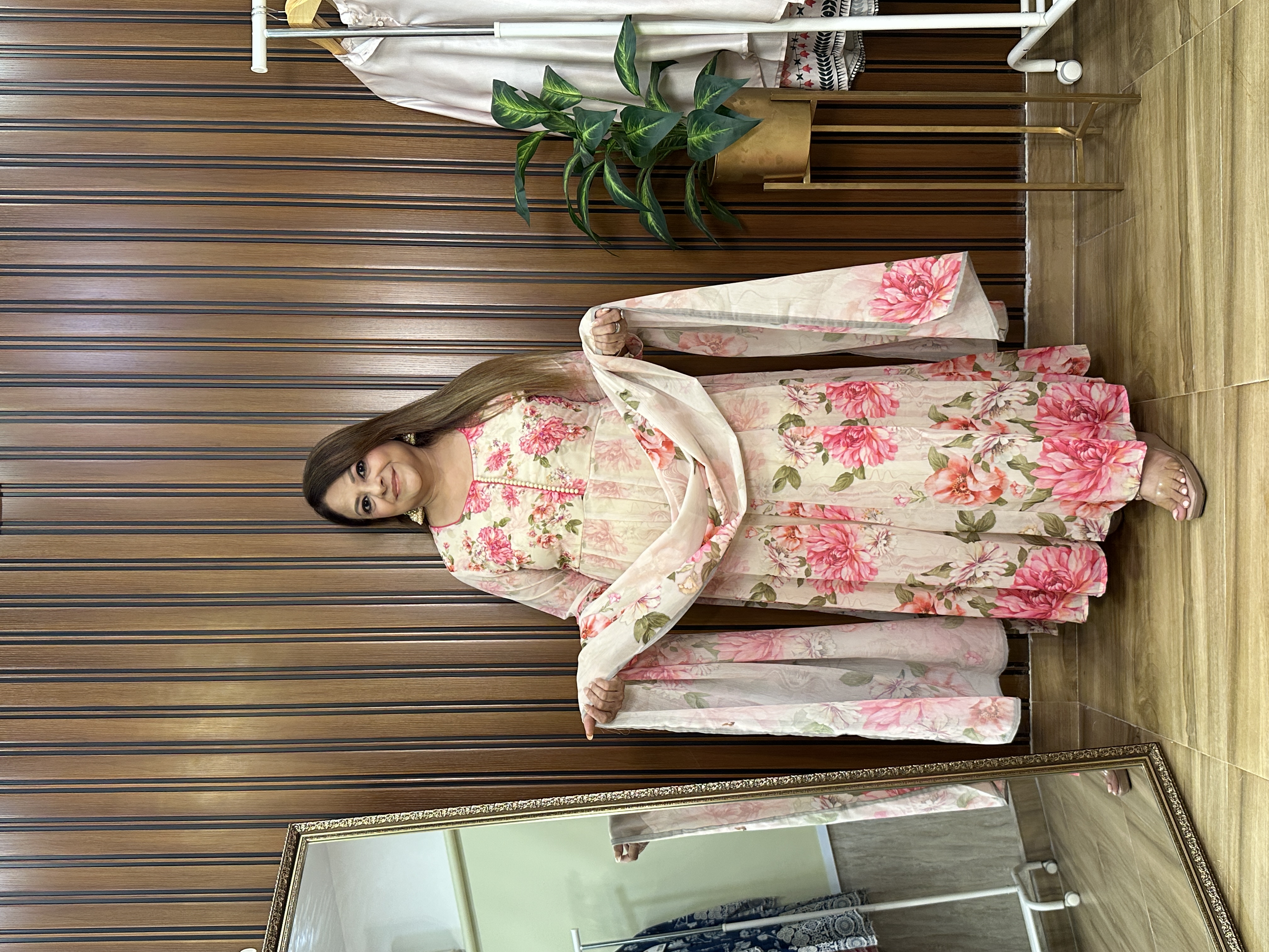 Pink Floral Print Three-Piece anarkali set