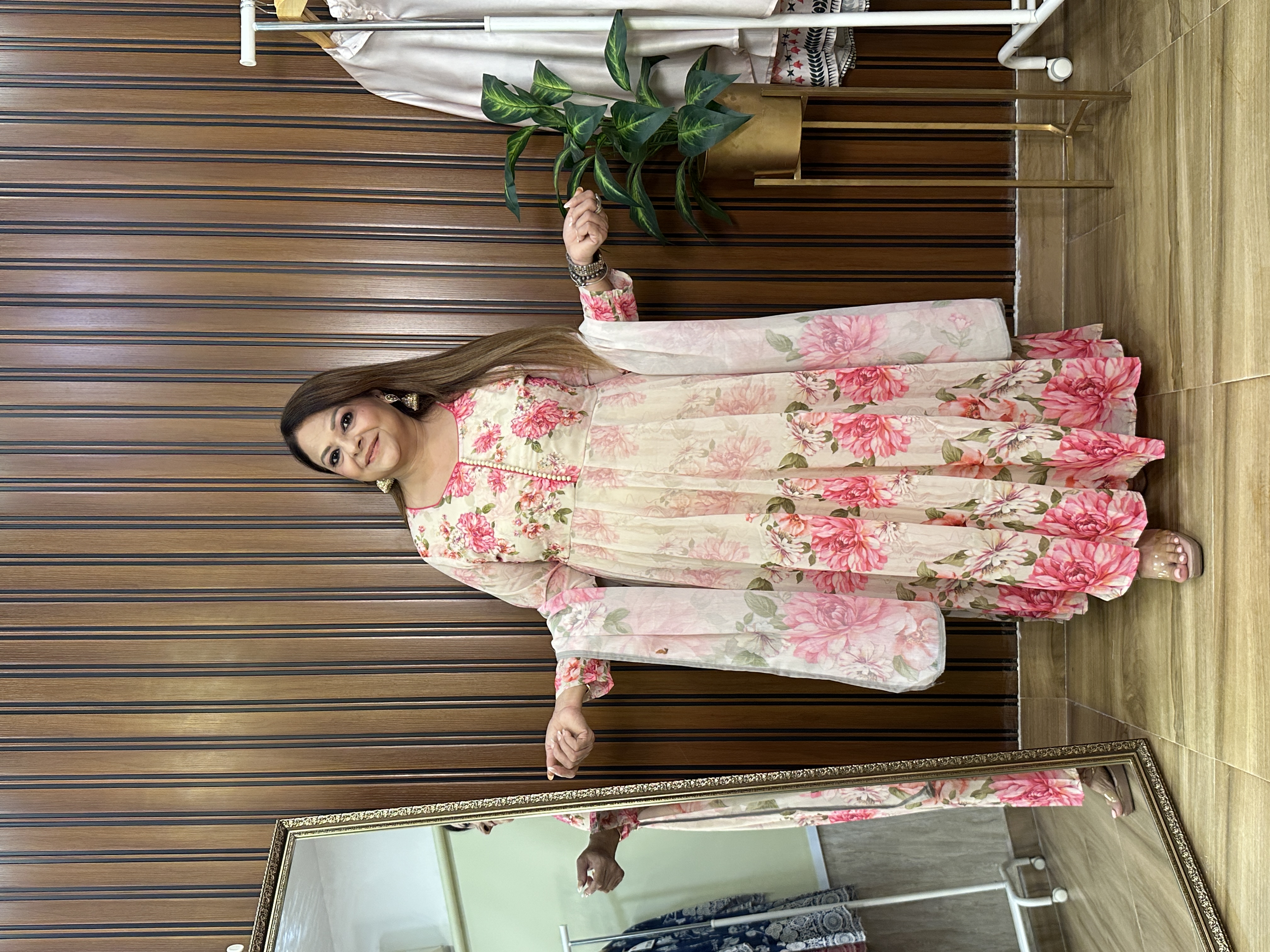 Pink Floral Print Three-Piece anarkali set