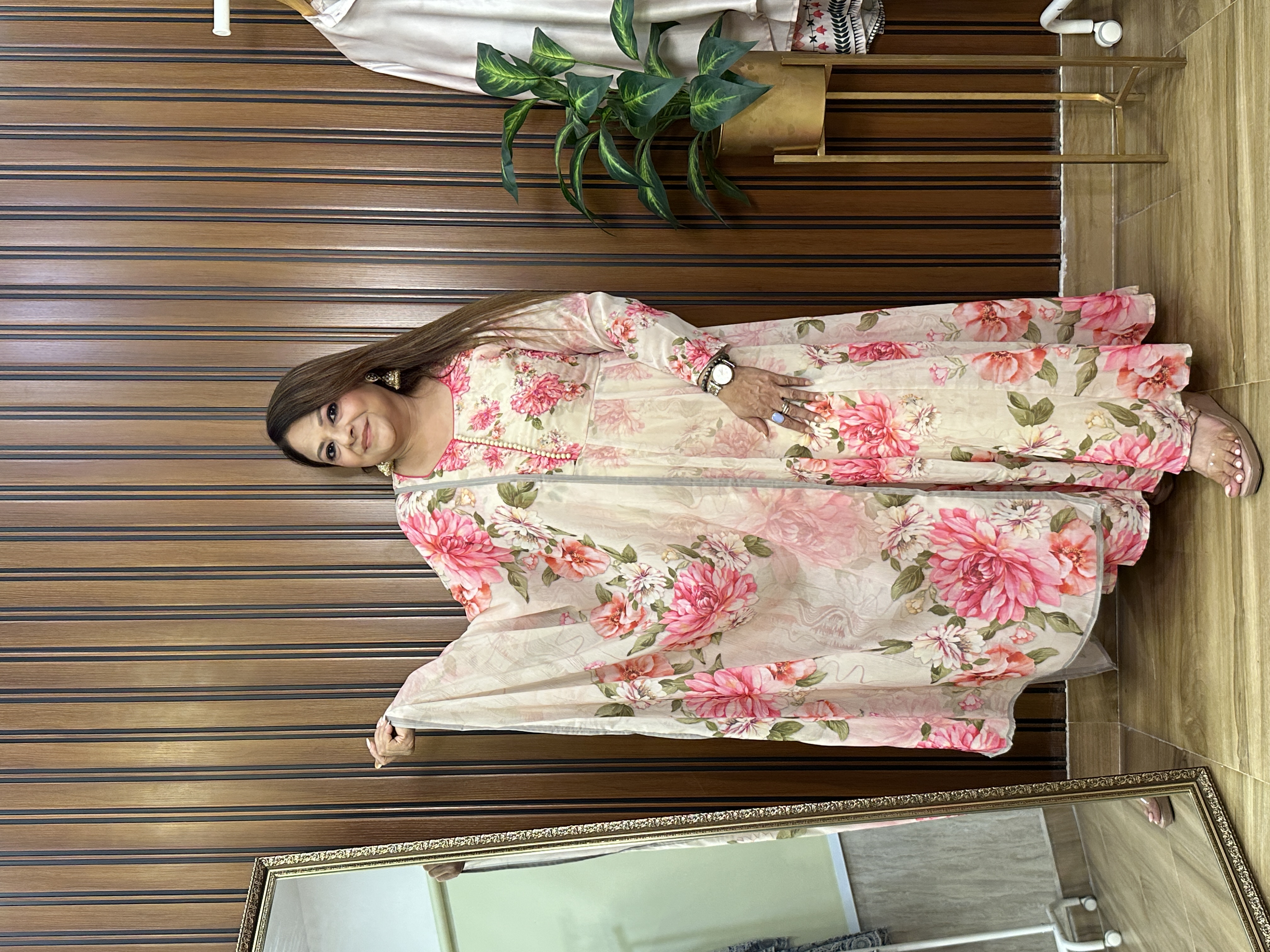 Pink Floral Print Three-Piece anarkali set