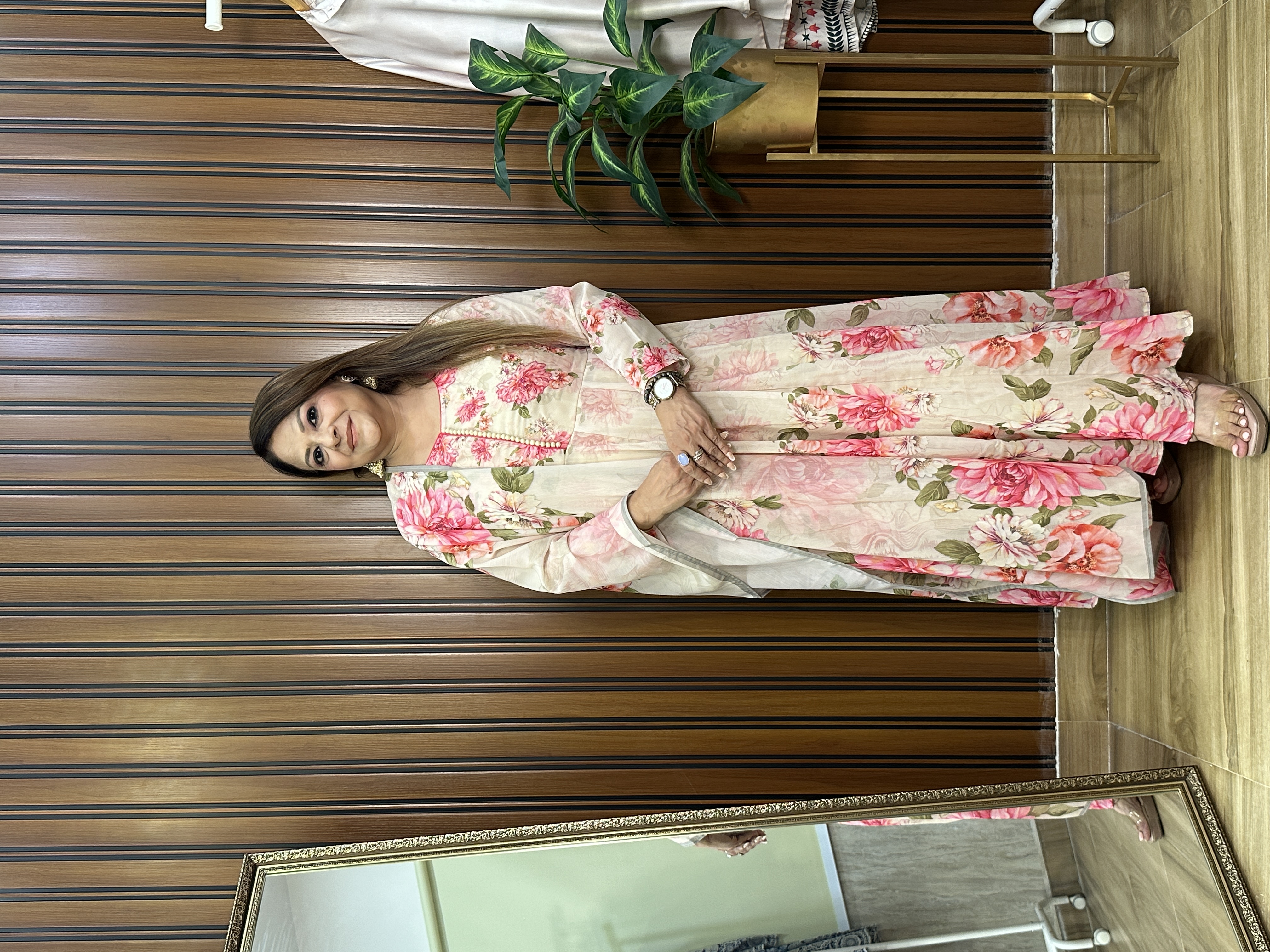 Pink Floral Print Three-Piece anarkali set