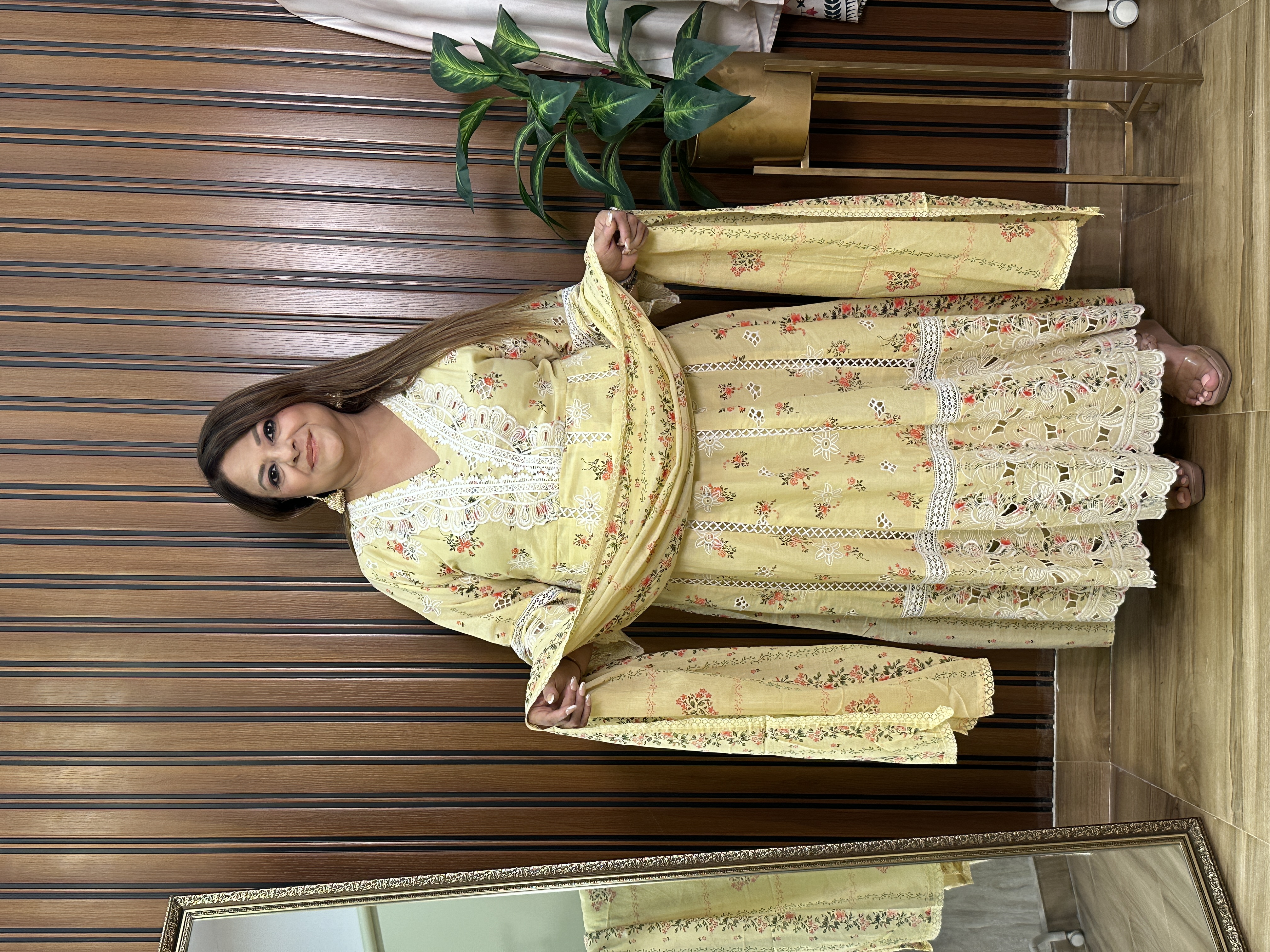 Yellow Embroidered anarkali three-piece set