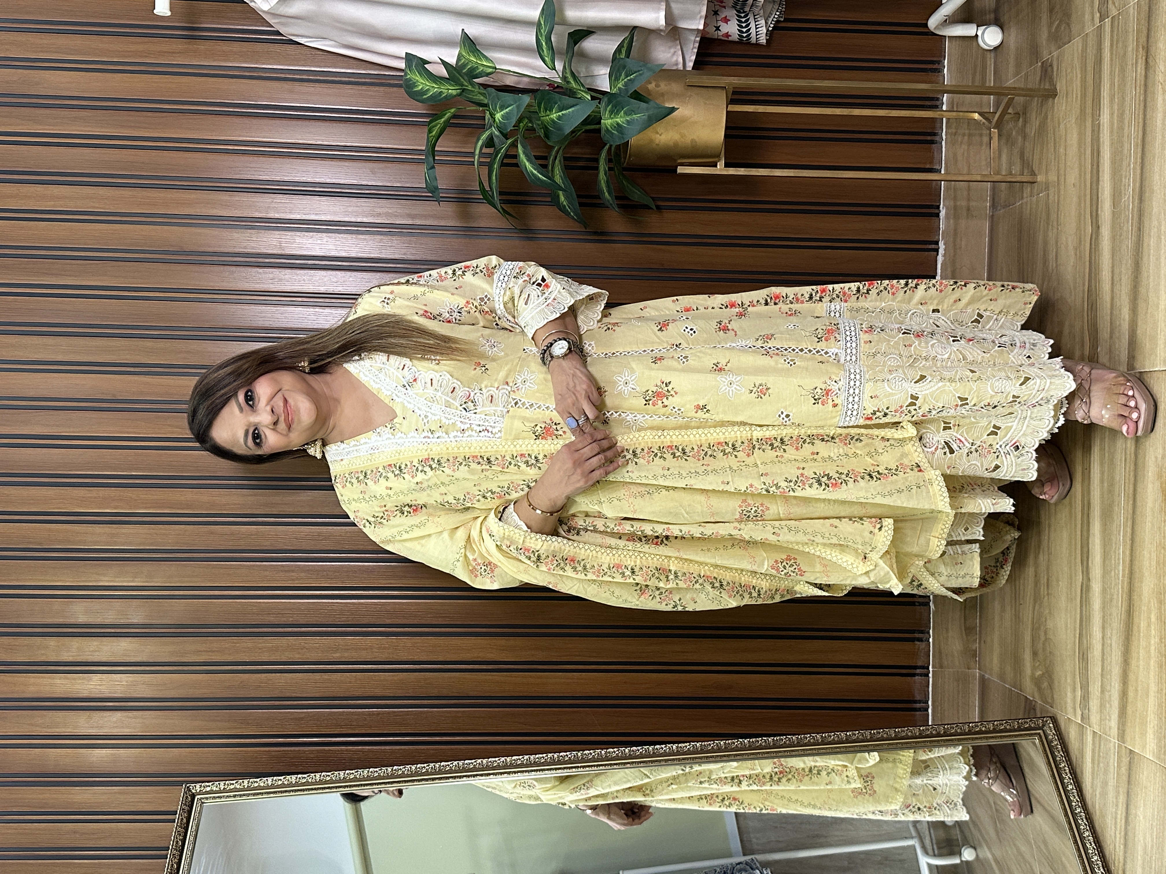 Yellow Embroidered anarkali three-piece set