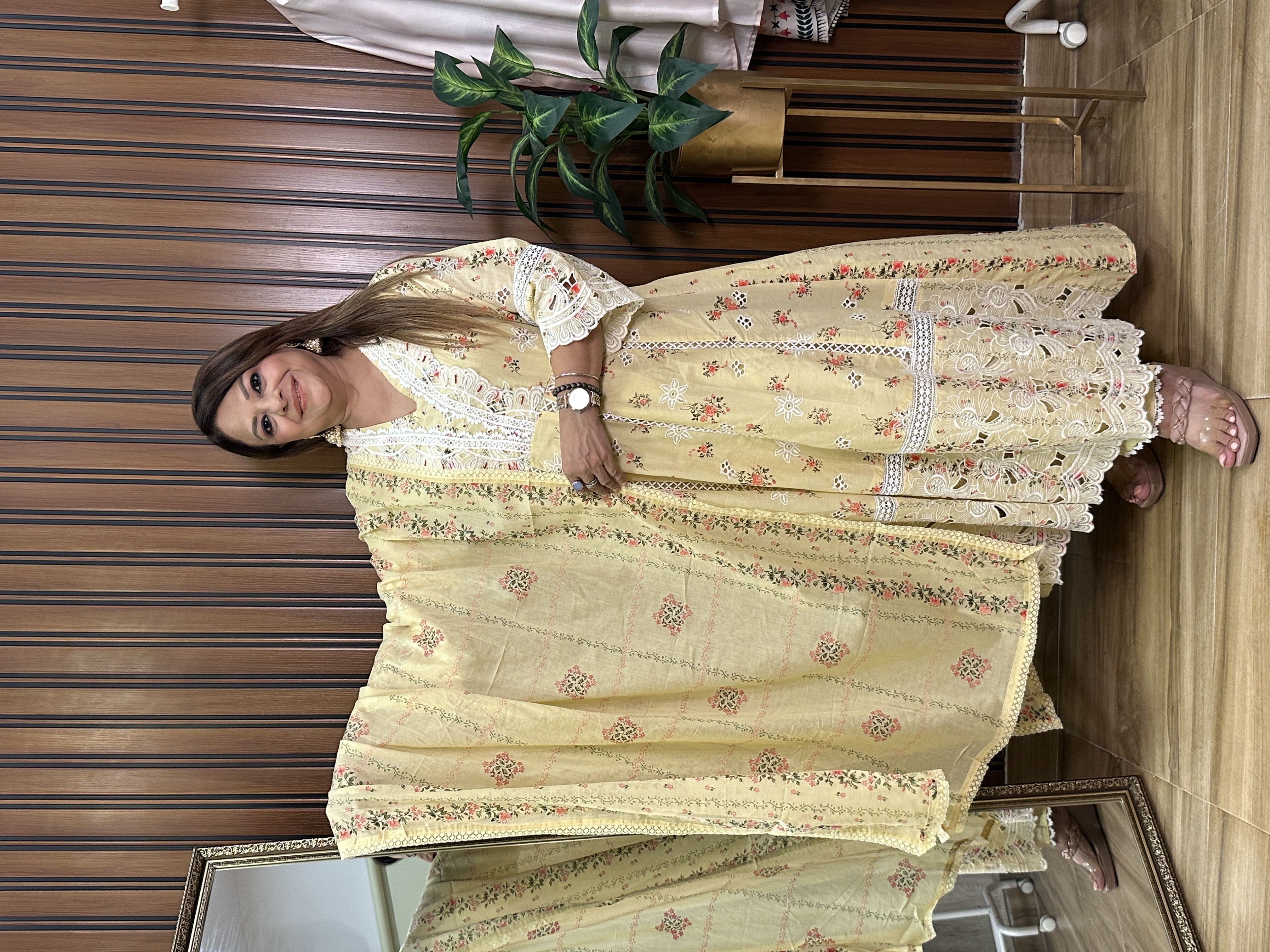 Yellow Embroidered anarkali three-piece set