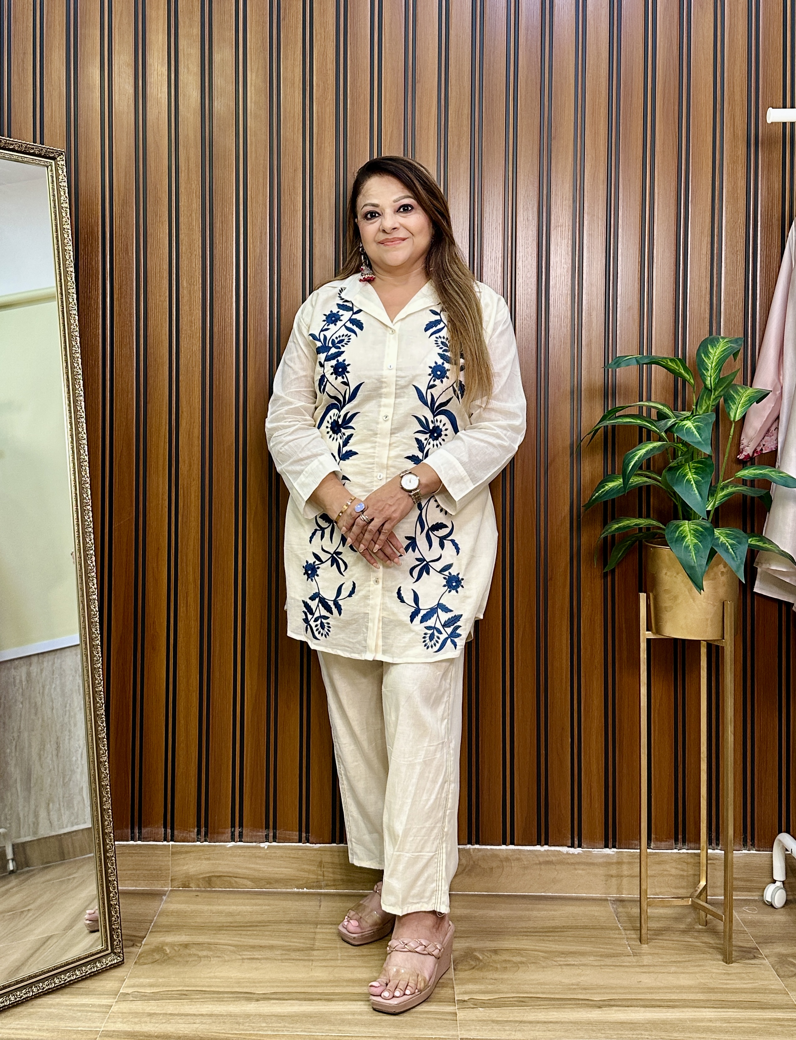 Embroidered Cream Kurta Set