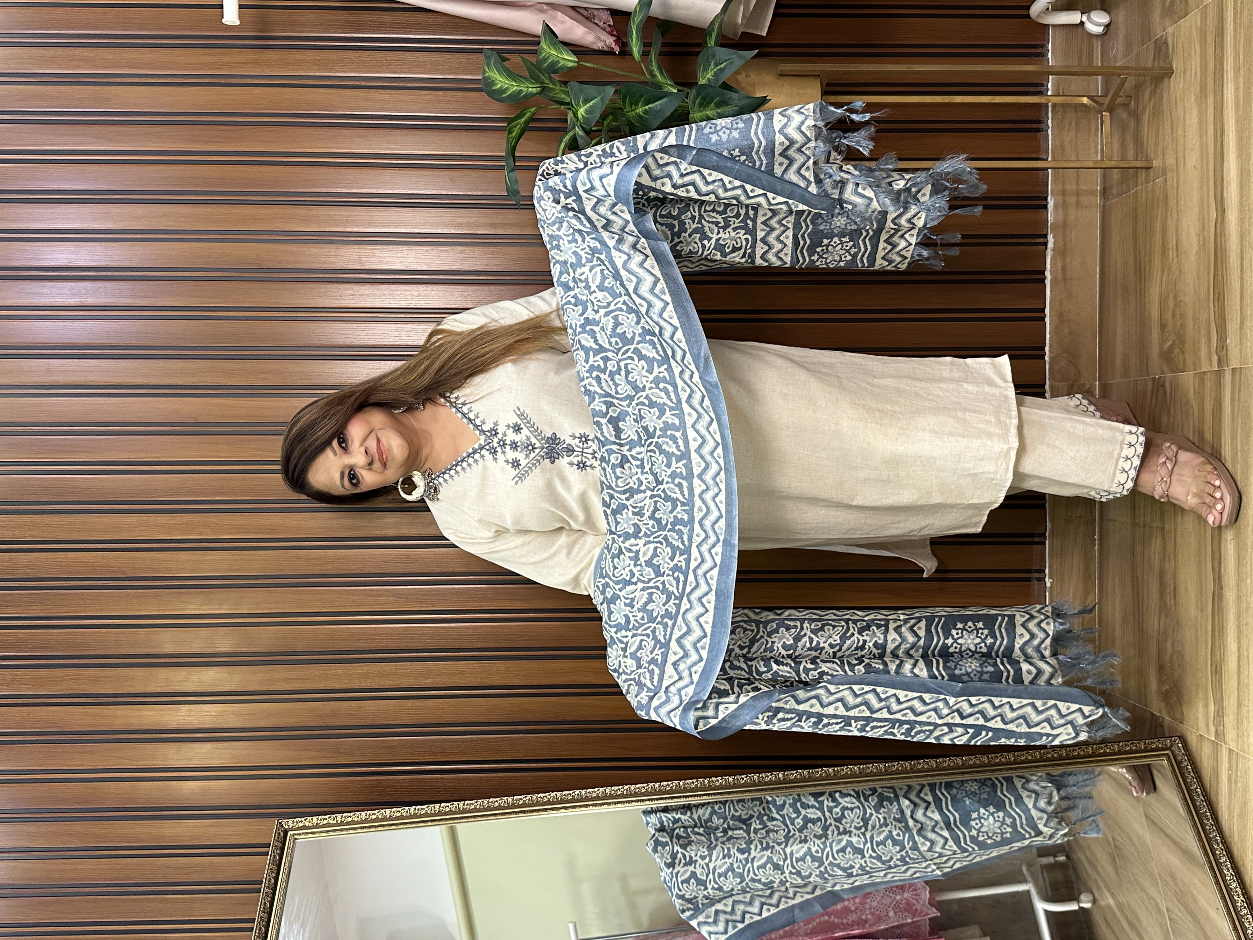 Embroidered Cream Dupatta Set