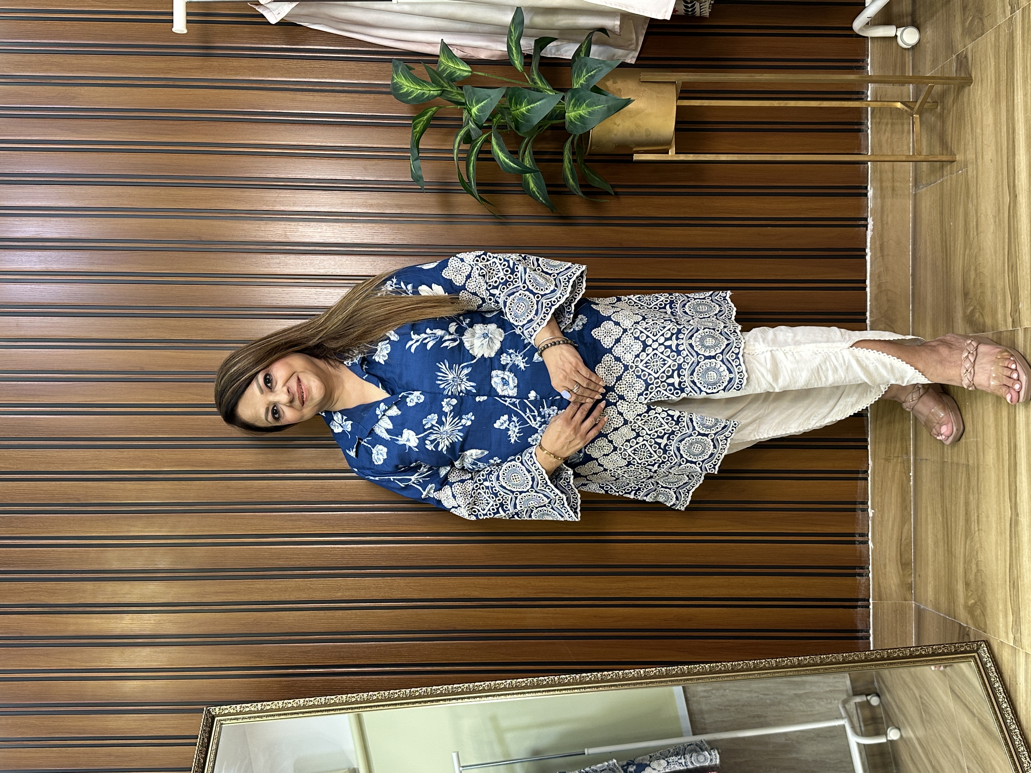 Blue floral printed schiffli work co-ord