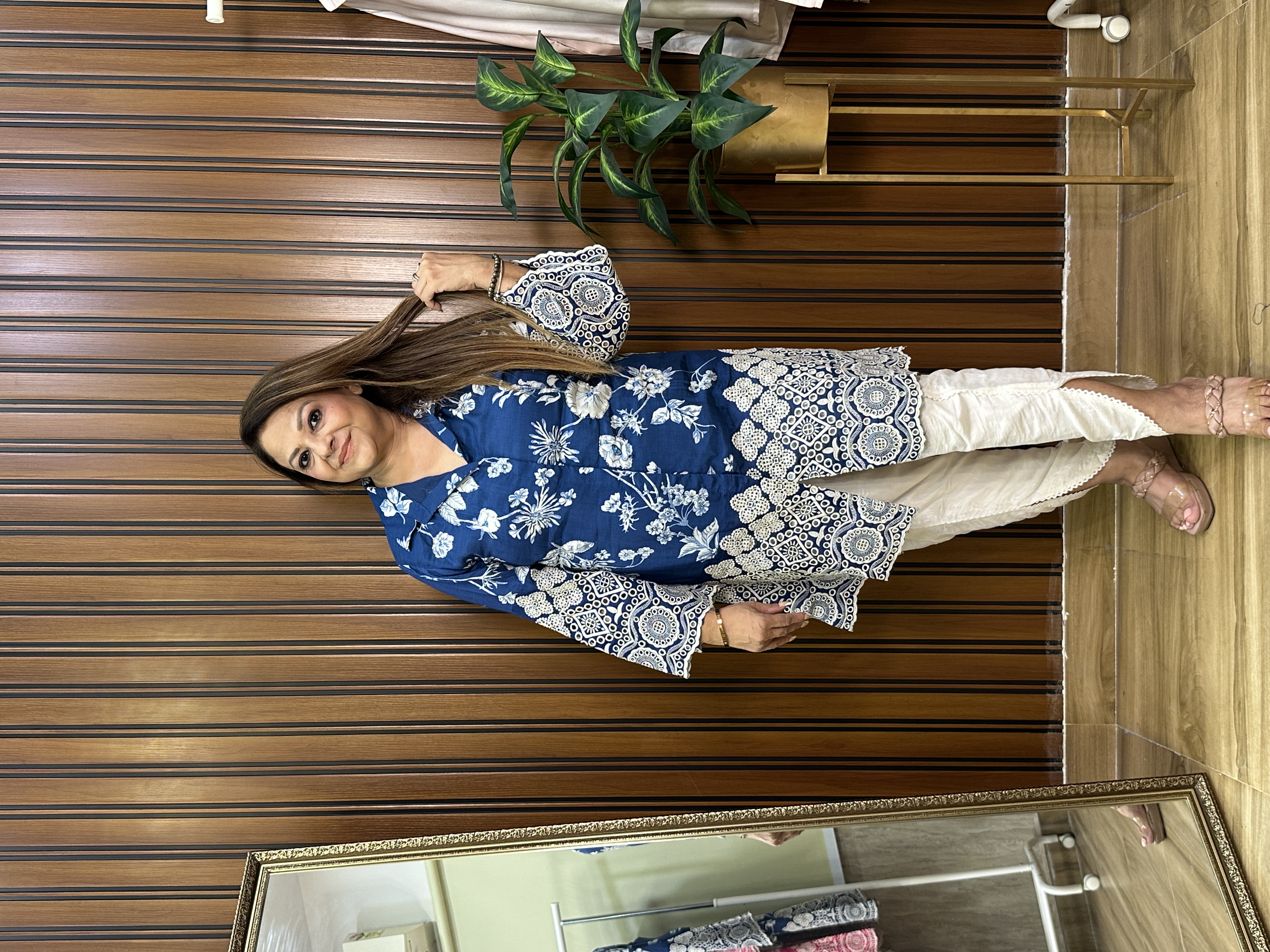 Blue floral printed schiffli work co-ord