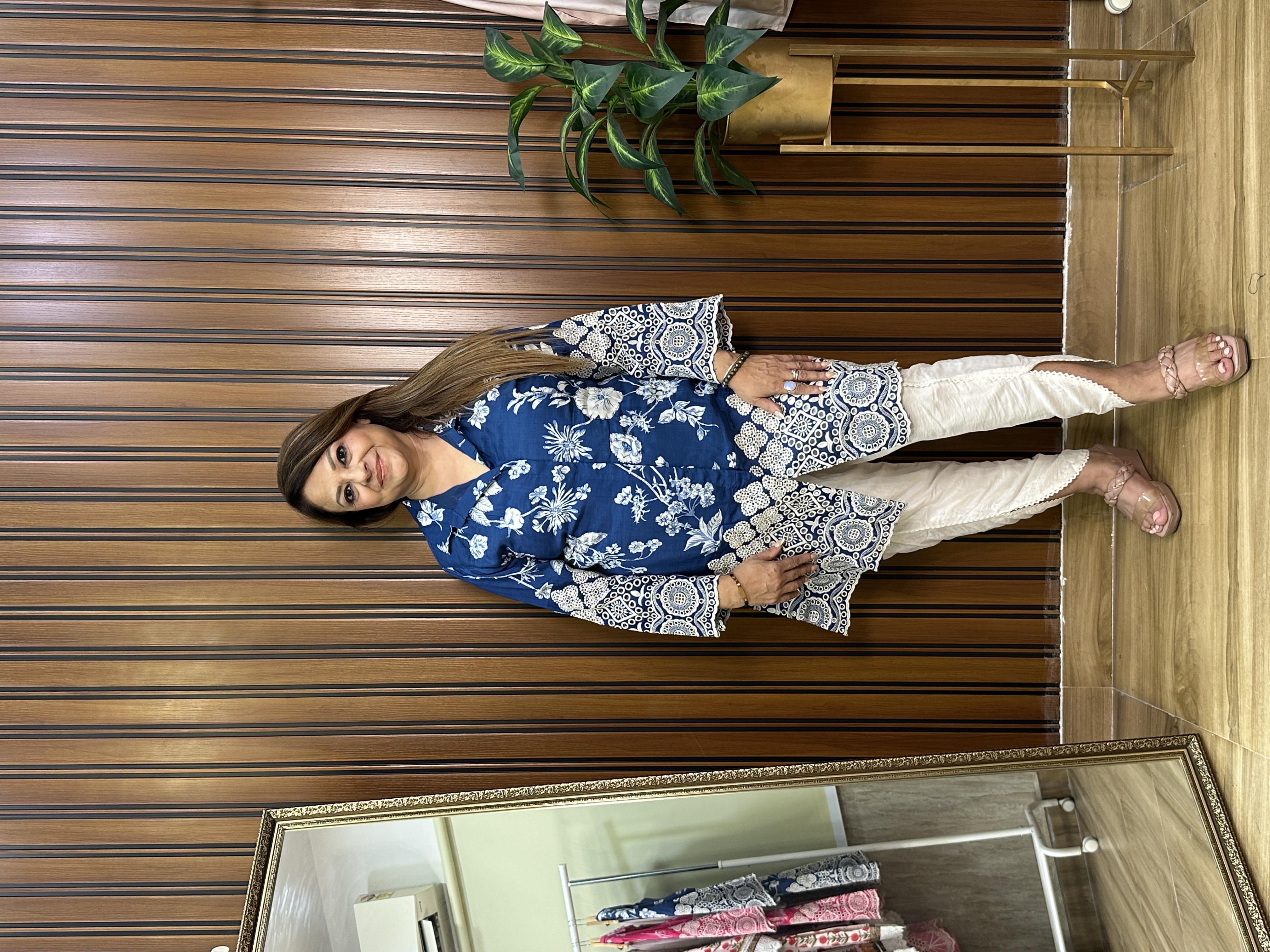 Blue floral printed schiffli work co-ord