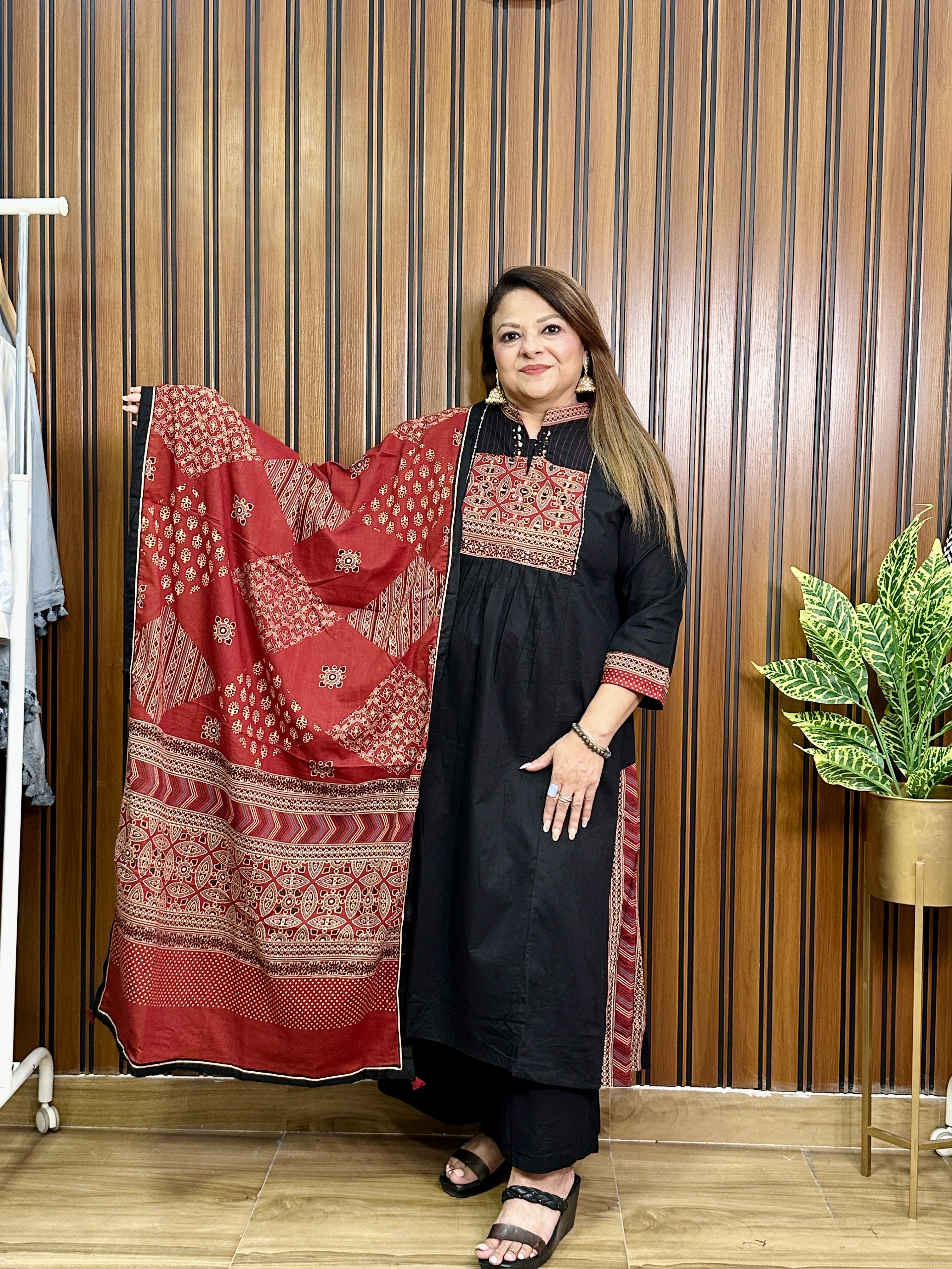 Elegant Black and Red Embroidered Suit
