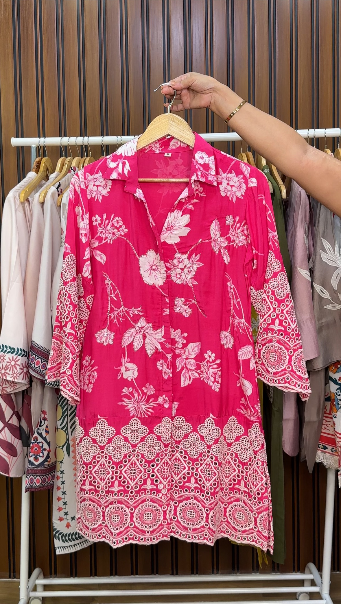 Pink floral printed schiffli work co-ord